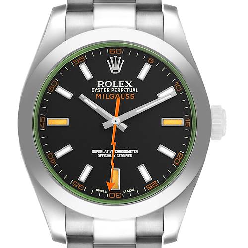 The Rolex Milgauss 116400GV Men's Stainless Steel Black Dial watch is shown from a front angle, displaying the dial, hands, and bezel prominently.