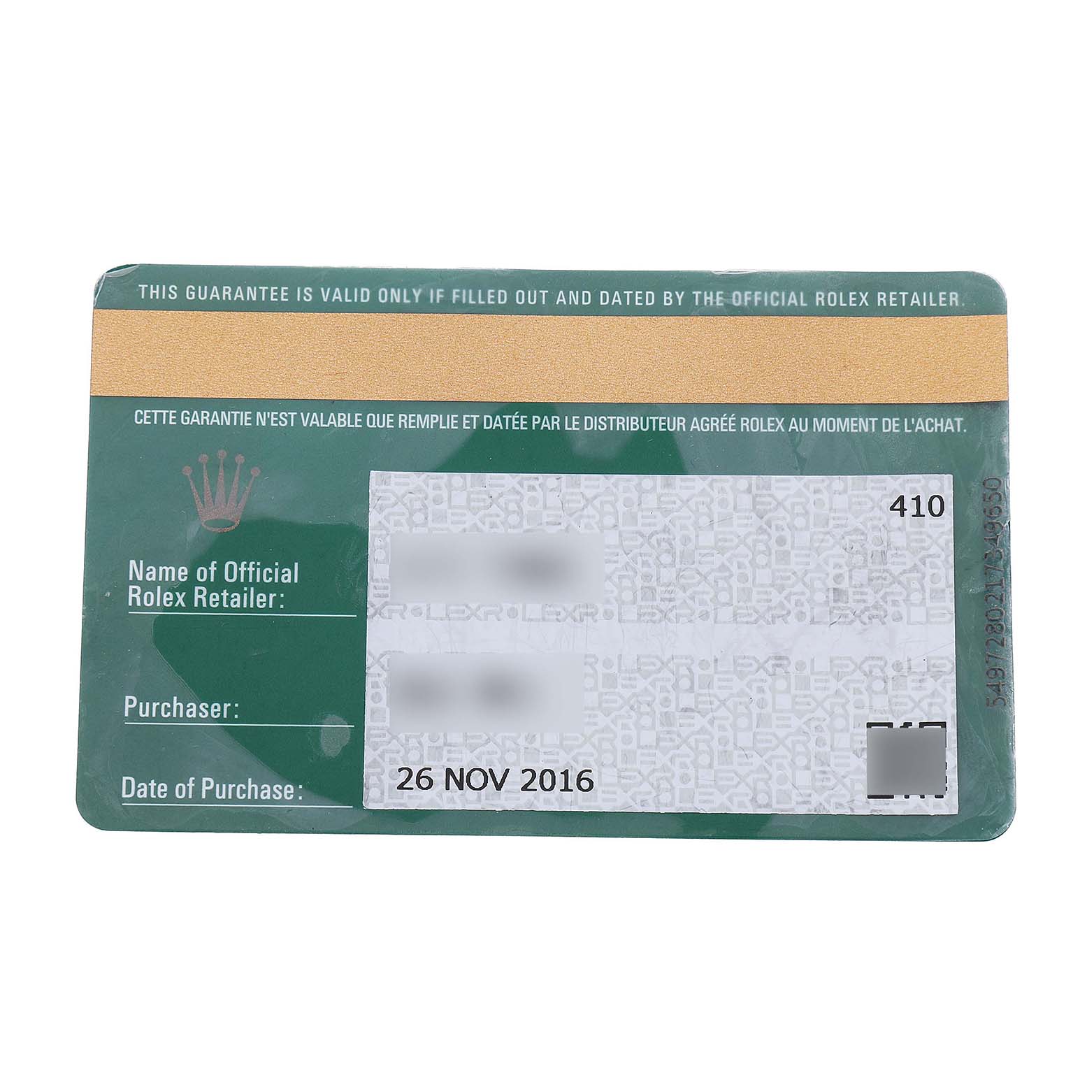 This image shows the warranty card for a Rolex Milgauss 116400GV Men's Stainless Steel Black Dial watch, with details like retailer and purchase date.