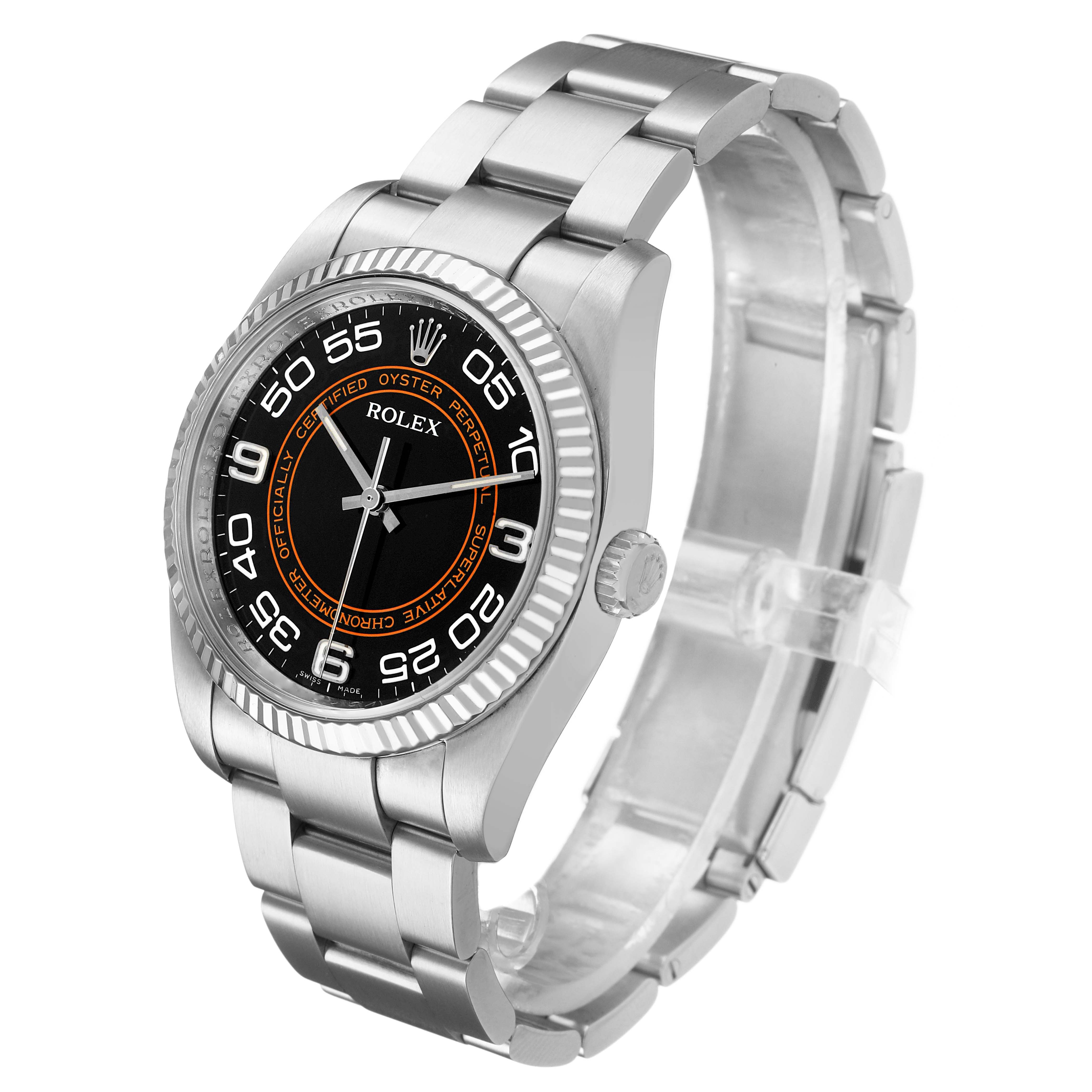 The Rolex Oyster Perpetual 116034 Men's Stainless Steel Black Dial watch is shown at a three-quarter angle, displaying the bezel, dial, crown, and part of the bracelet.