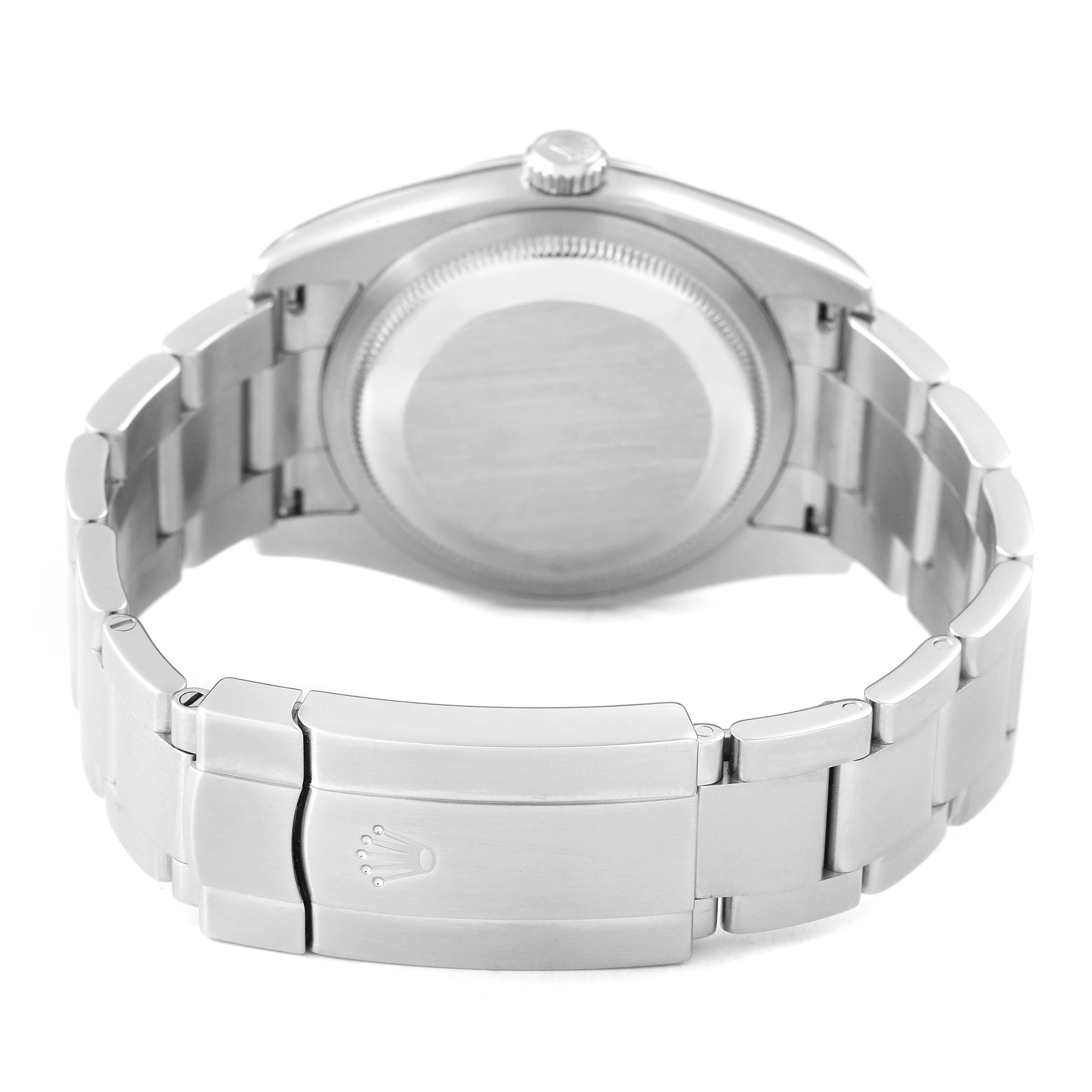 The image shows the back and bracelet with clasp of a Rolex Oyster Perpetual 116034 Men's Stainless Steel Black Dial watch.