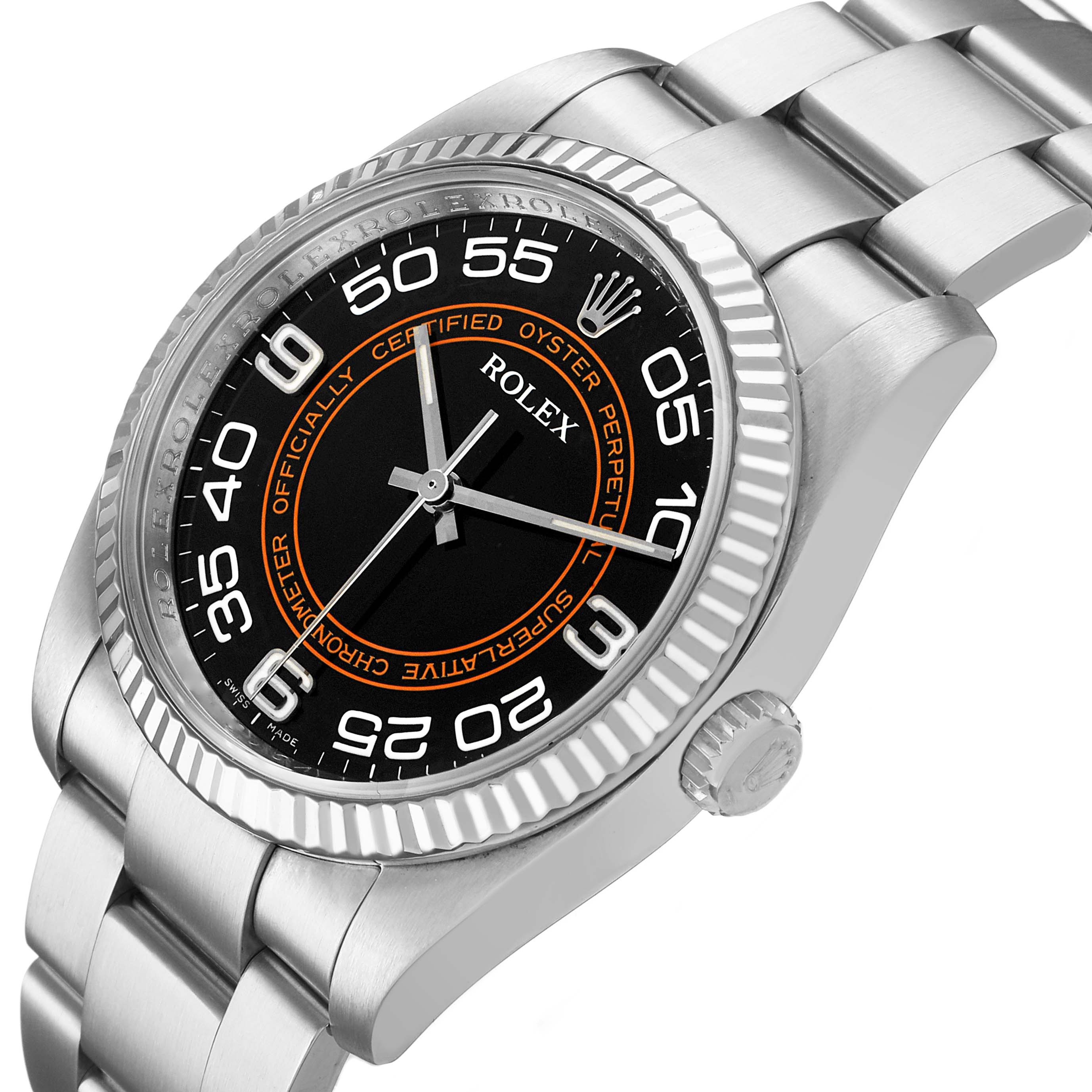 The image shows a Rolex Oyster Perpetual 116034 Men's Stainless Steel Black Dial watch at an angled view, highlighting the bezel, dial, and bracelet.