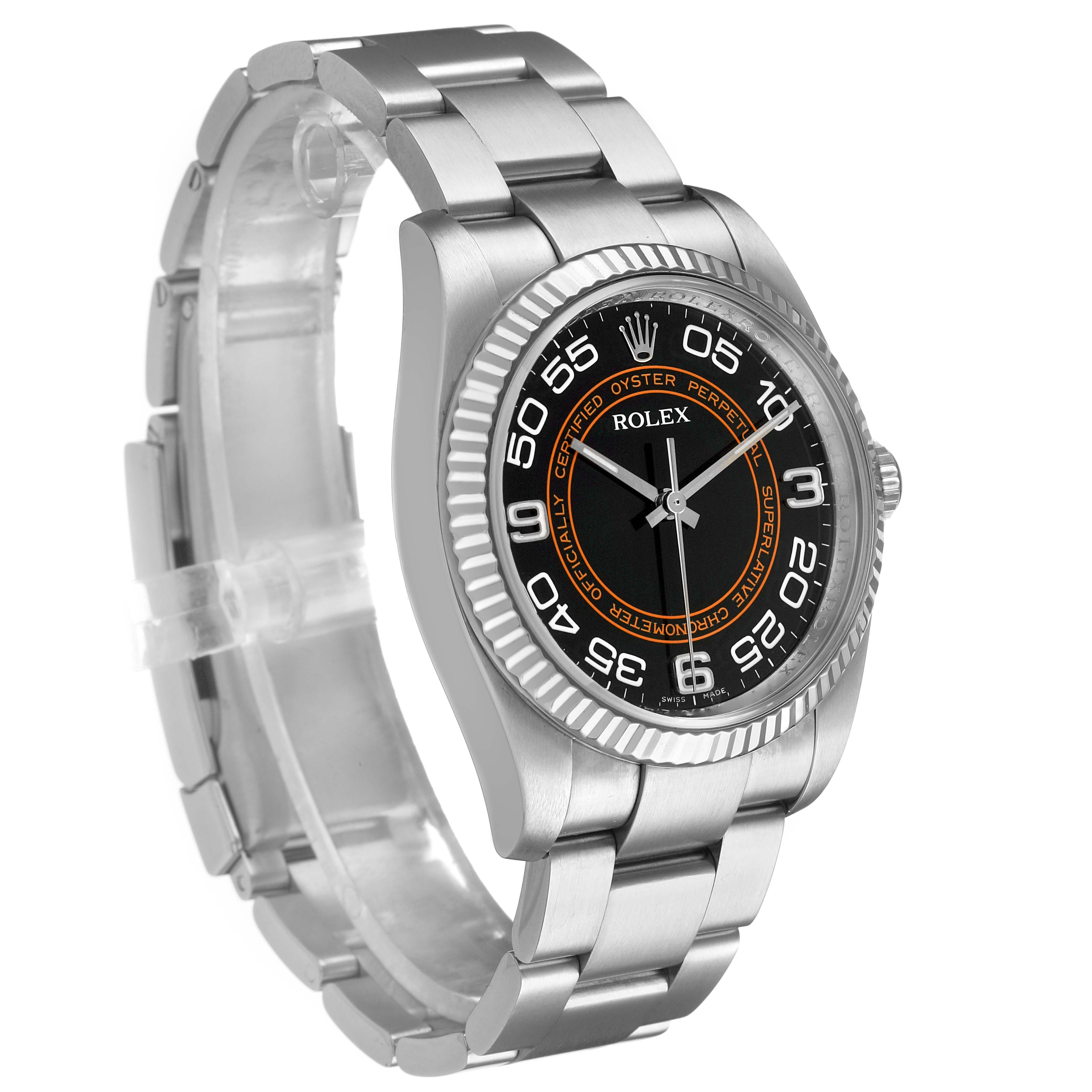 The Rolex Oyster Perpetual 116034 Men's Stainless Steel Black Dial watch is shown at a three-quarter angle, highlighting the bezel, dial, and bracelet.