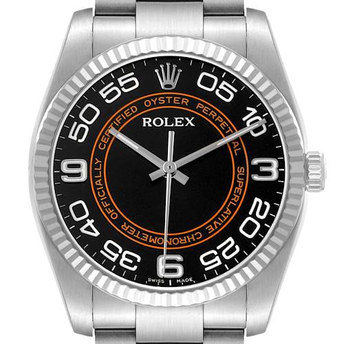 The Rolex Oyster Perpetual 116034 Men's Stainless Steel Black Dial watch is shown from the front, displaying the dial, bezel, and crown.