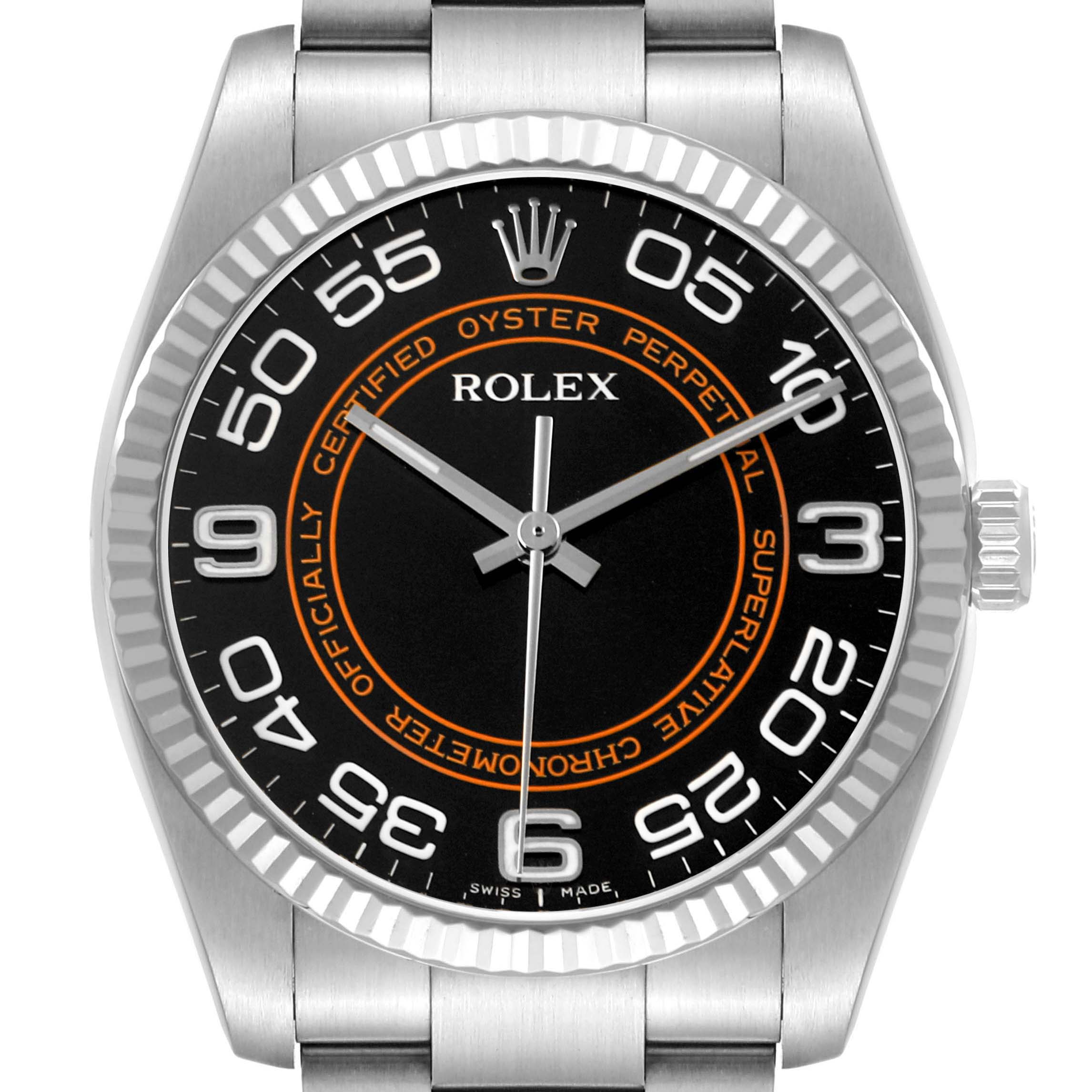 The Rolex Oyster Perpetual 116034 Men's Stainless Steel Black Dial watch is shown from the front, highlighting the bezel, dial, crown, and bracelet.