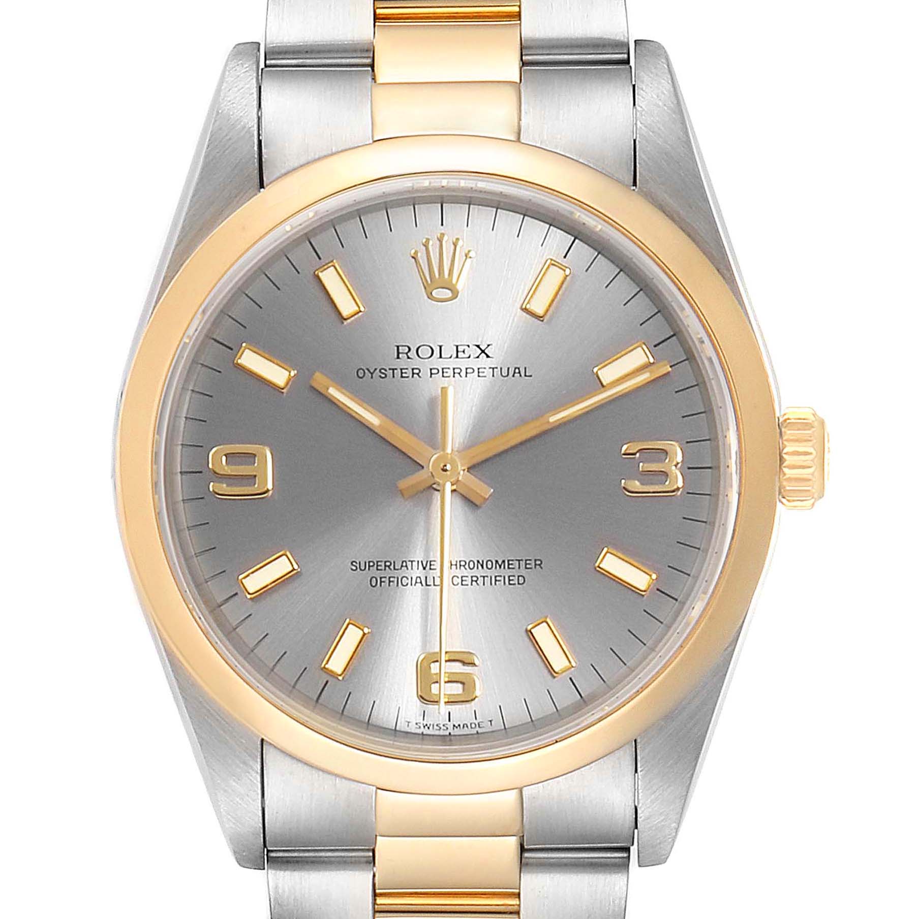 This image shows a front view of the Rolex Oyster Perpetual 14203 Men's Steel and Gold (two tone) Grey Dial 14203 Men's Steel and Gold (two tone) Grey Dial watch with a silver and gold design.