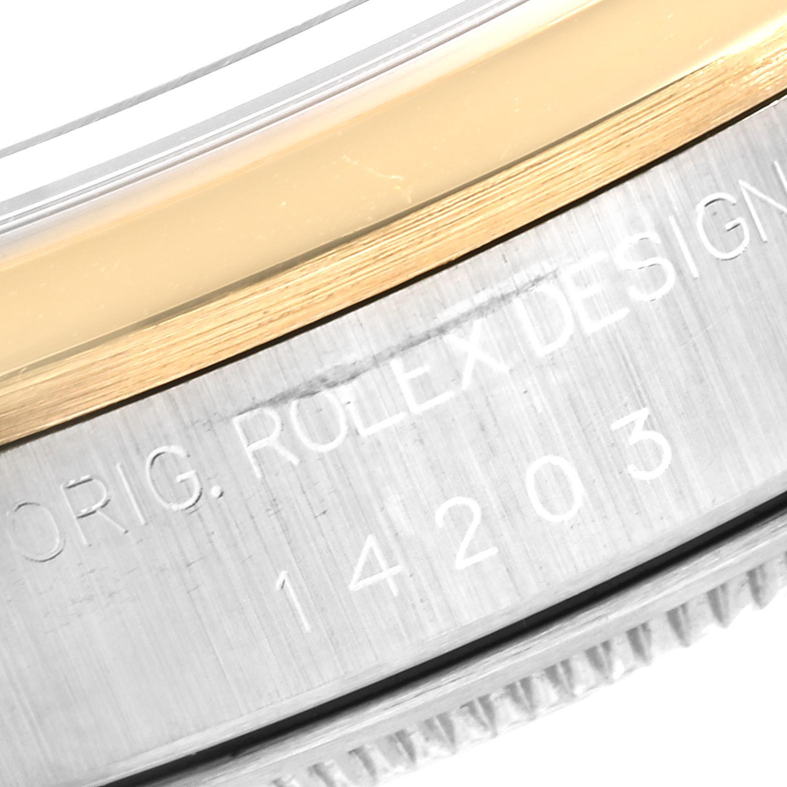 The close-up image shows the engraved bezel of a Rolex Oyster Perpetual 14203 Men's Steel and Gold (two tone) Grey Dial 14203 Men's Steel and Gold (two tone) Grey Dial watch, highlighting the model number "14203".