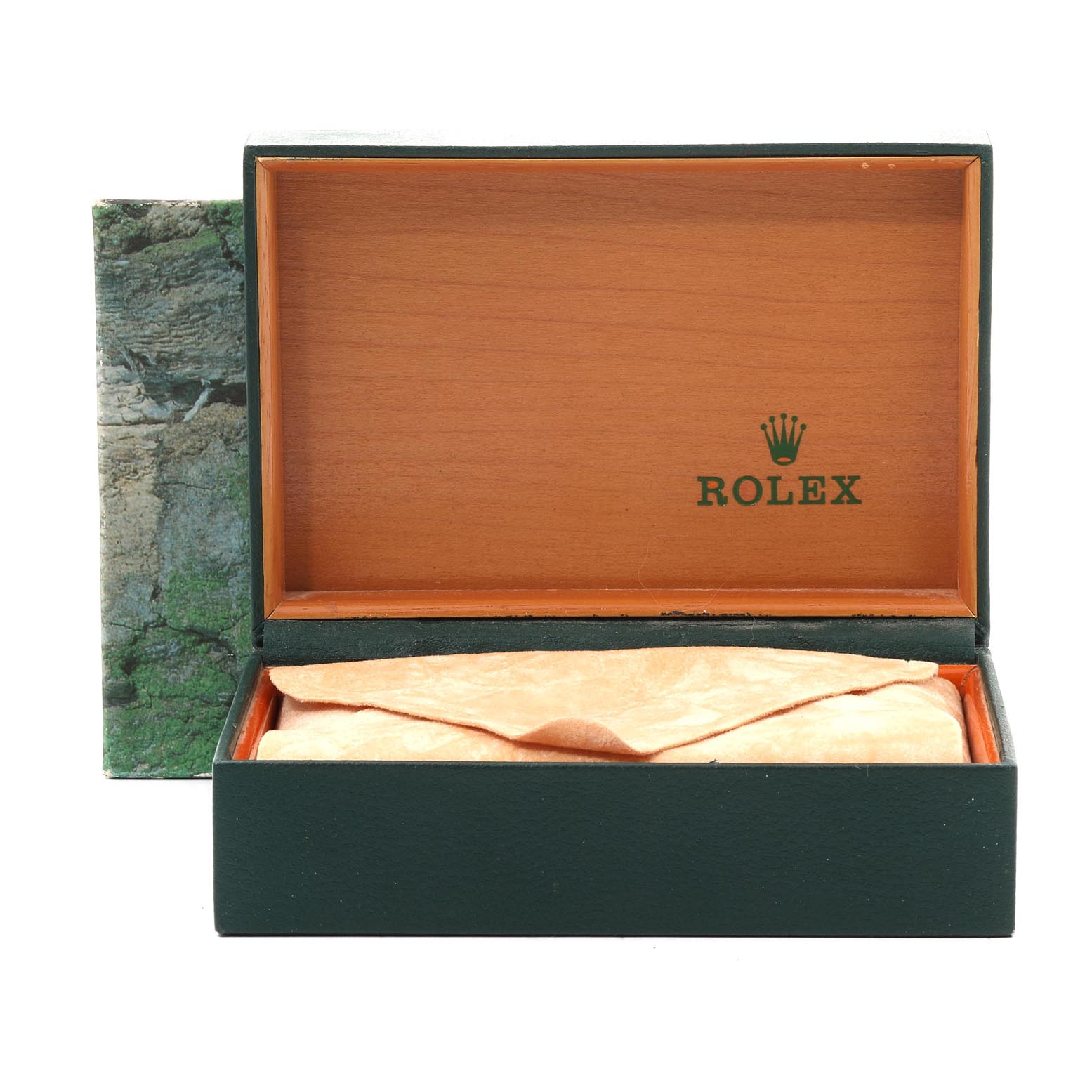This image shows an open green and wood Rolex box, likely for the Oyster Perpetual model.