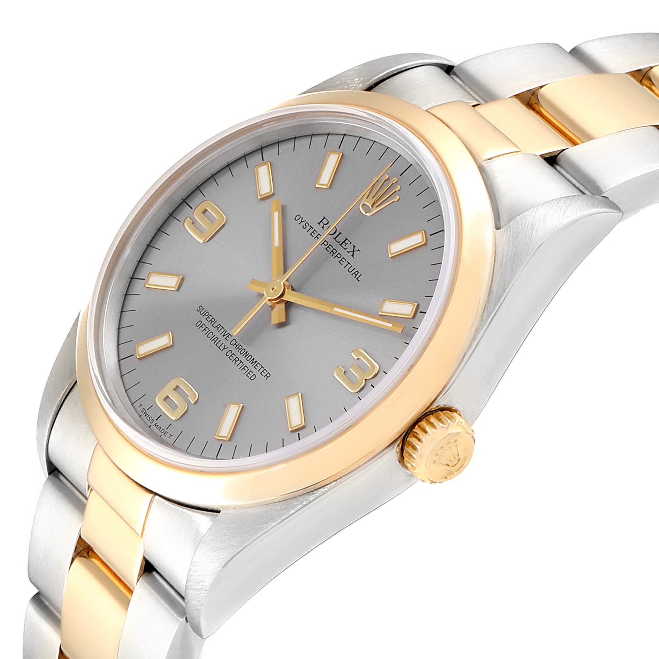 This image shows a Rolex Oyster Perpetual 14203 Men's Steel and Gold (two tone) Grey Dial 14203 Men's Steel and Gold (two tone) Grey Dial watch angled to display the dial, bezel, crown, and part of the bracelet.