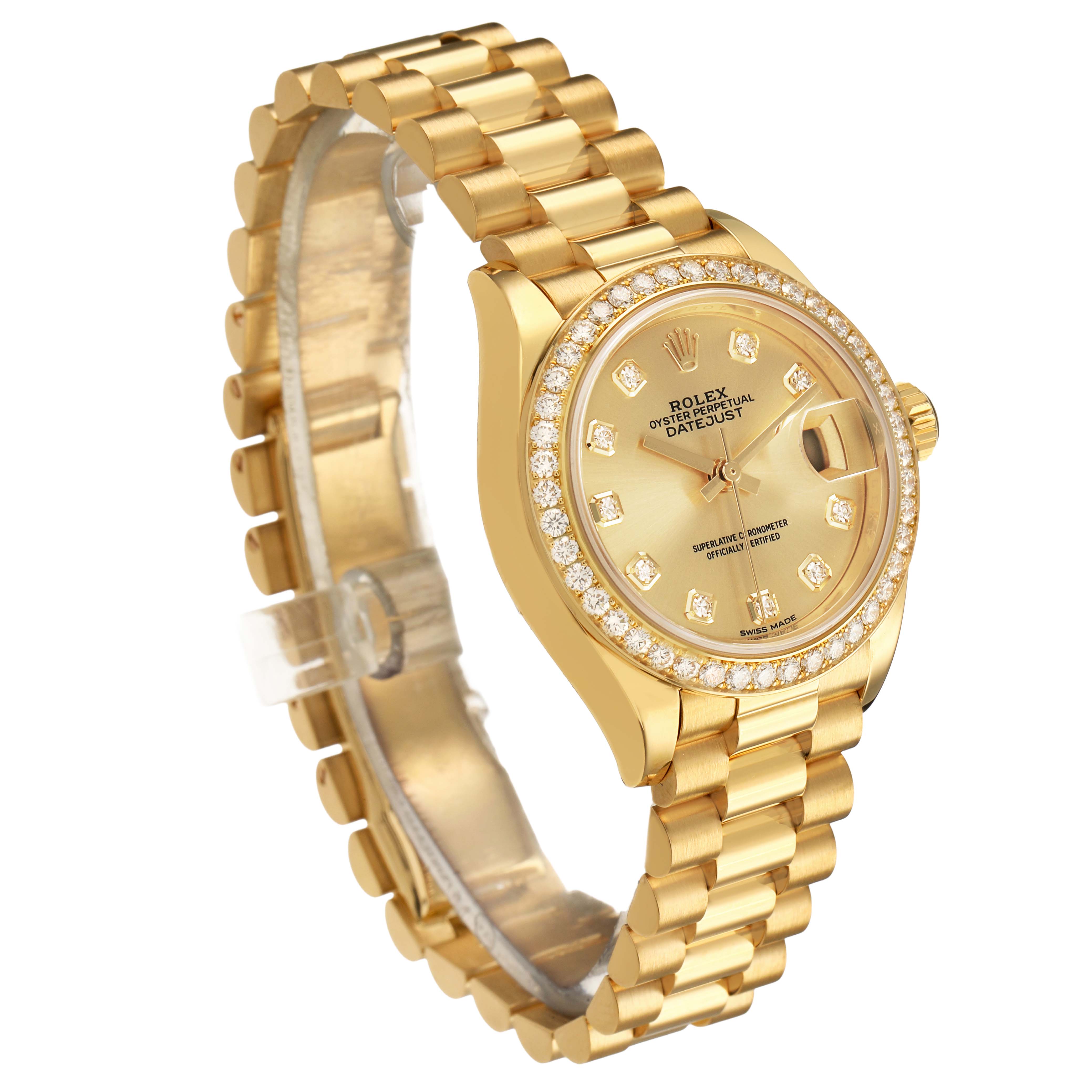 The image shows a Rolex President 279138 Women's Yellow Gold Champagne Dial model watch at a three-quarter angle, highlighting the diamond bezel, dial, and gold bracelet.