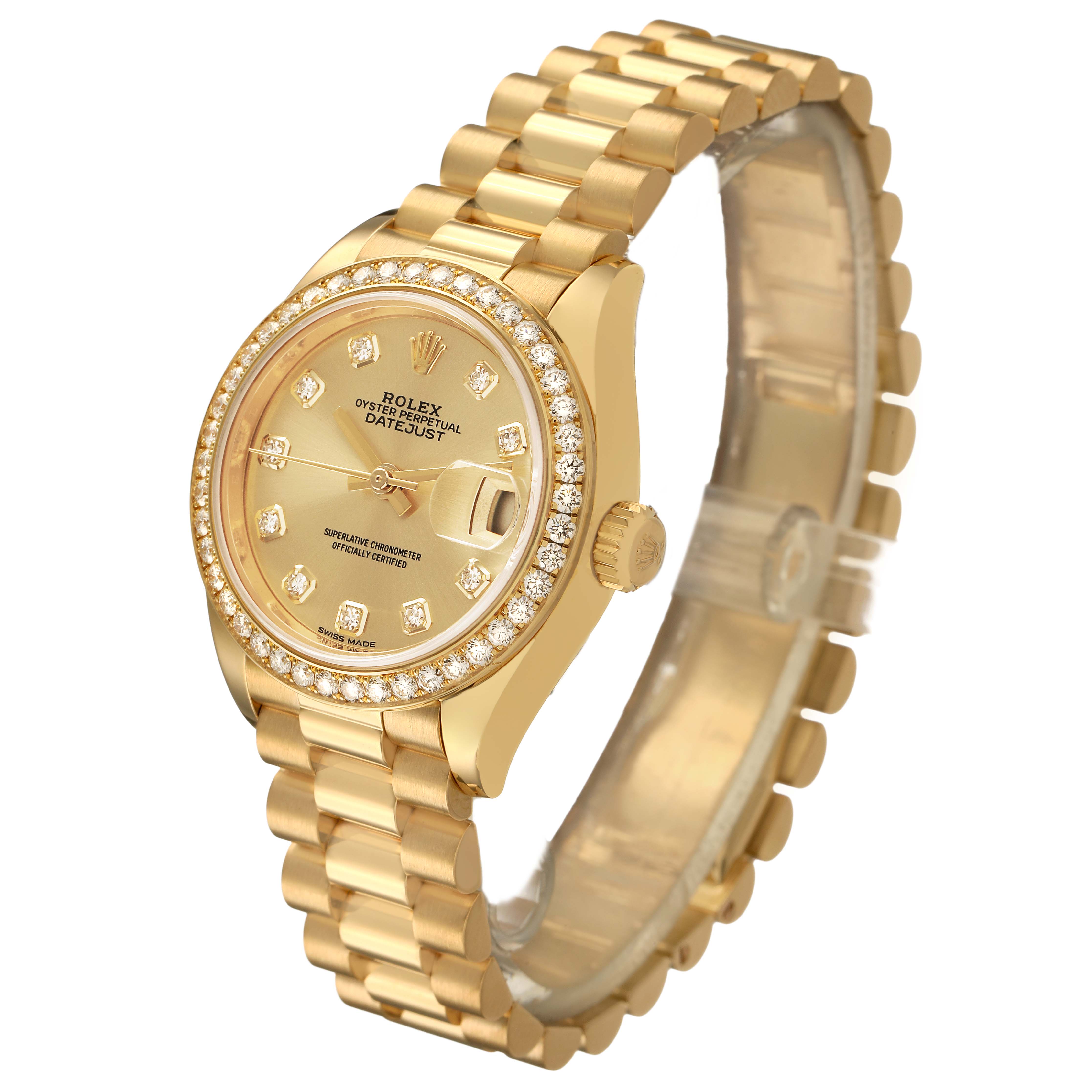 The Rolex President 279138 Women's Yellow Gold Champagne Dial model watch is shown at a slight angle, highlighting its gold dial, diamond bezel, and bracelet.