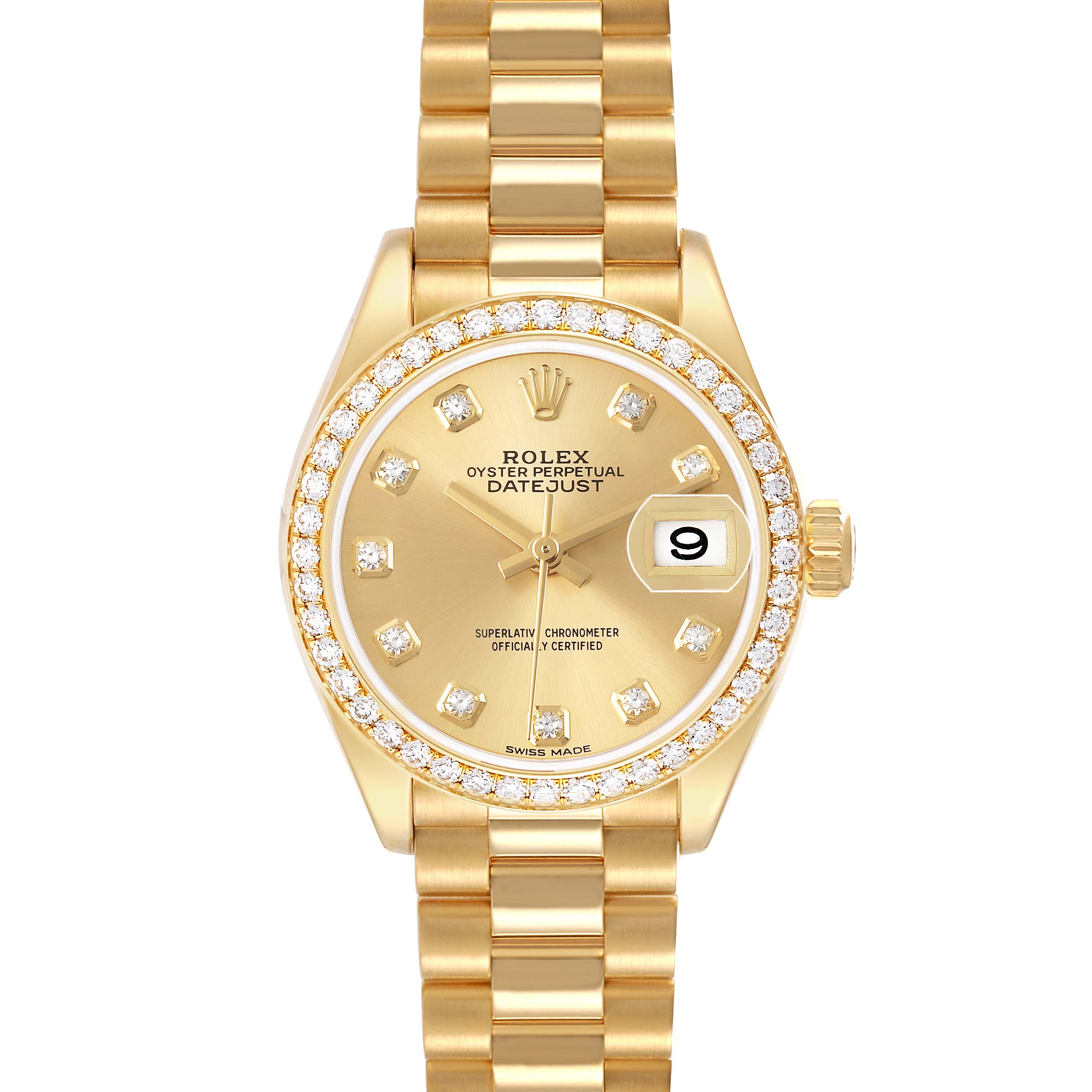 The Rolex President 279138 Women's Yellow Gold Champagne Dial model is shown from the front, displaying the face, bezel, and bracelet links.