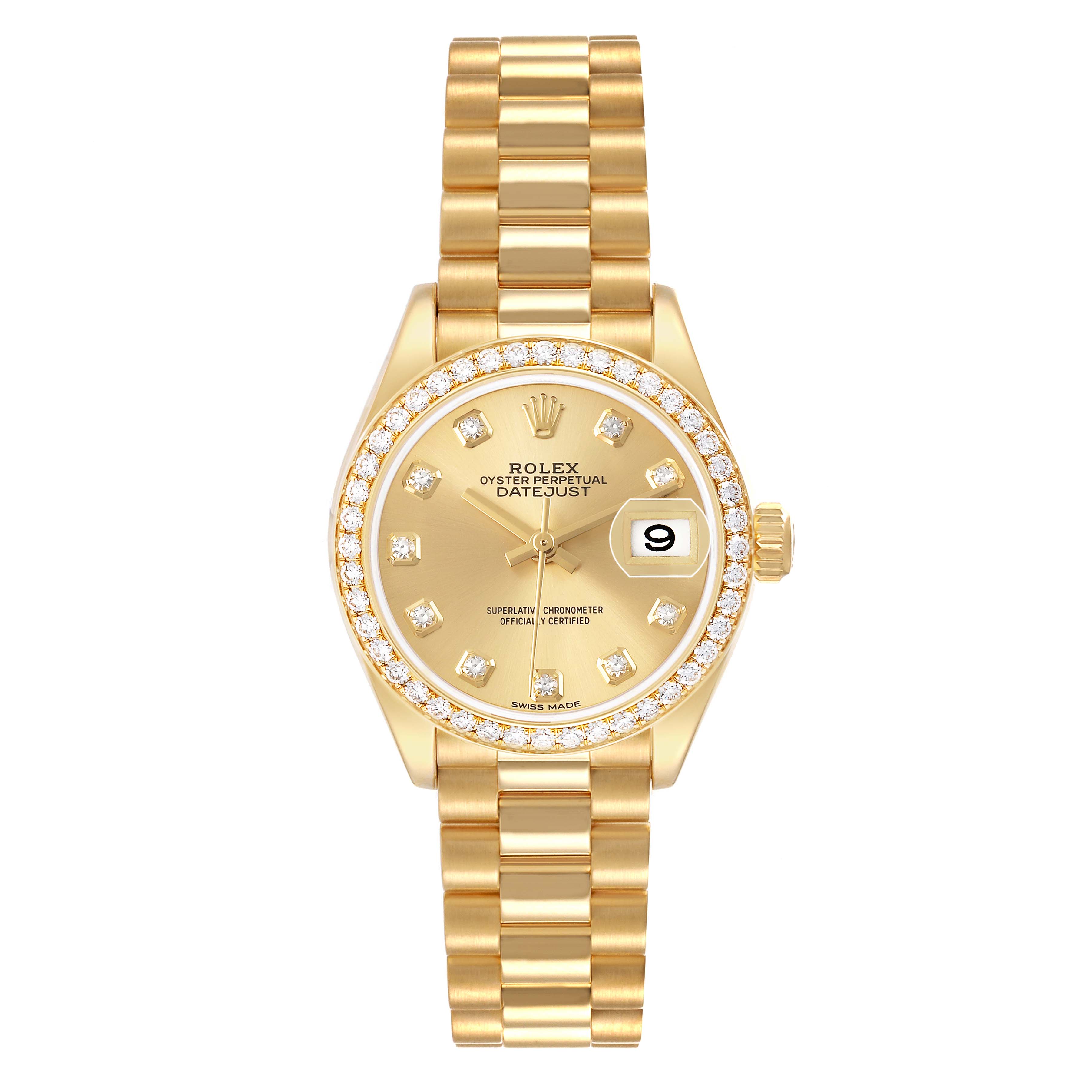 The Rolex President 279138 Women's Yellow Gold Champagne Dial model is shown from a top-down angle, displaying the watch face, bracelet, and diamond-studded bezel.