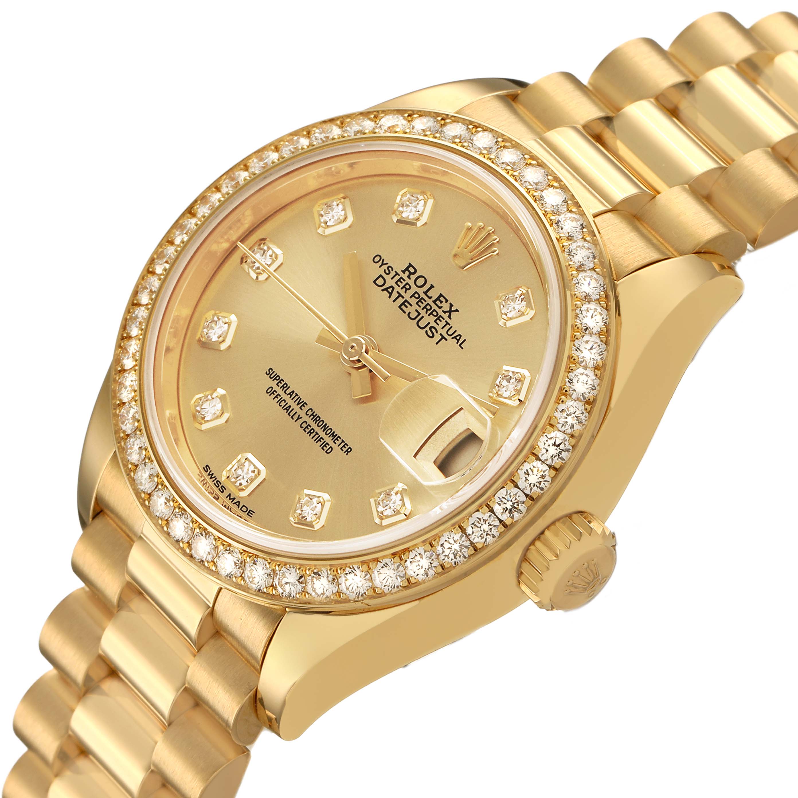The Rolex President 279138 Women's Yellow Gold Champagne Dial model watch is shown from a slightly angled top view, highlighting the dial, bezel, bracelet, and crown.