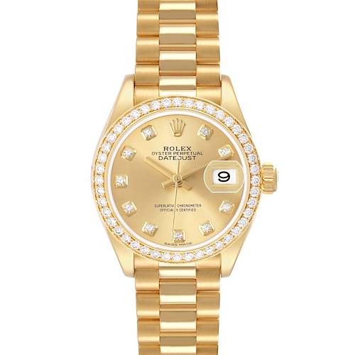 The Rolex President 279138 Women's Yellow Gold Champagne Dial model is shown from a top-down angle highlighting the gold bracelet, diamond bezel, and dial.