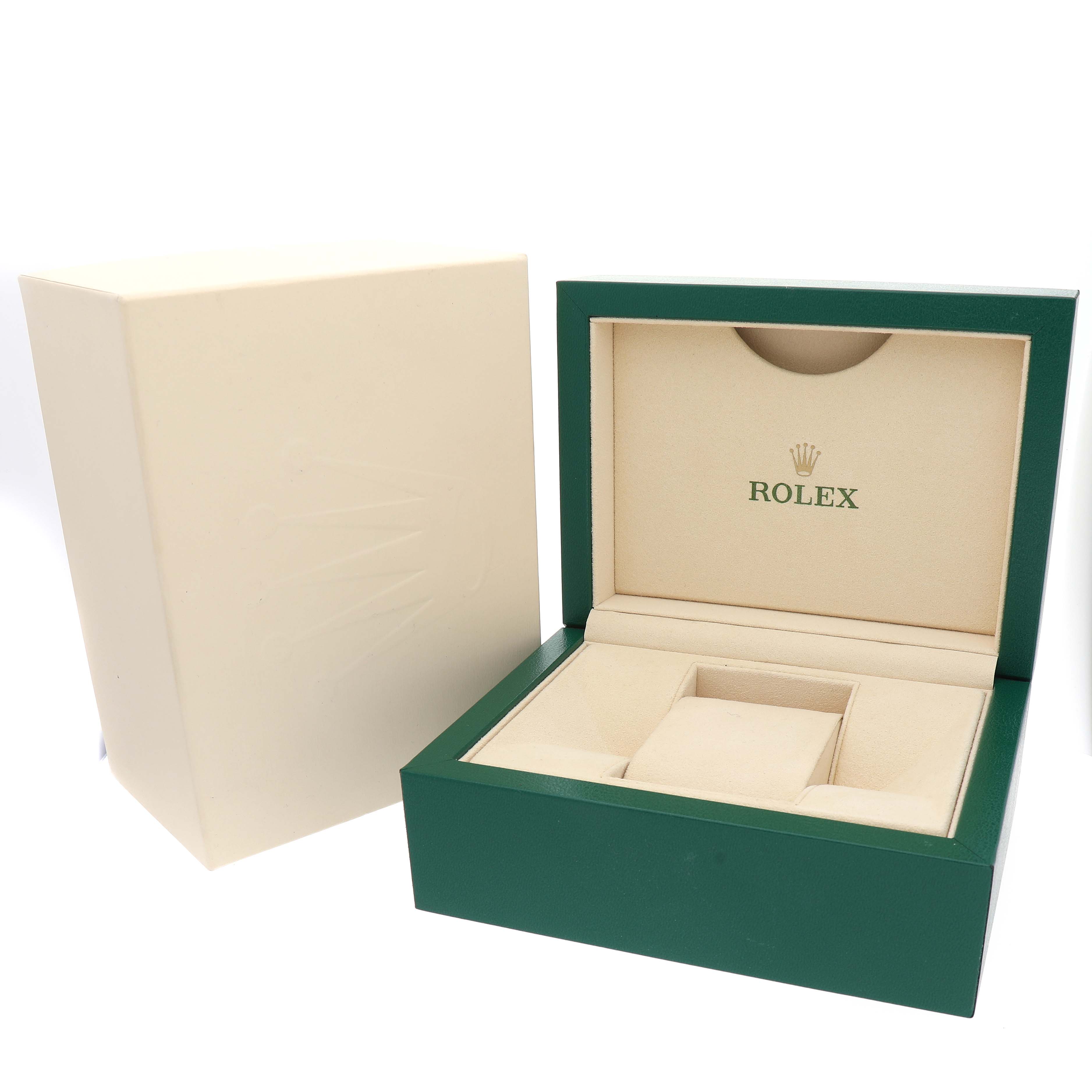 The image shows the open box for the Rolex President 279138 Women's Yellow Gold Champagne Dial model, displaying its beige interior and green exterior.