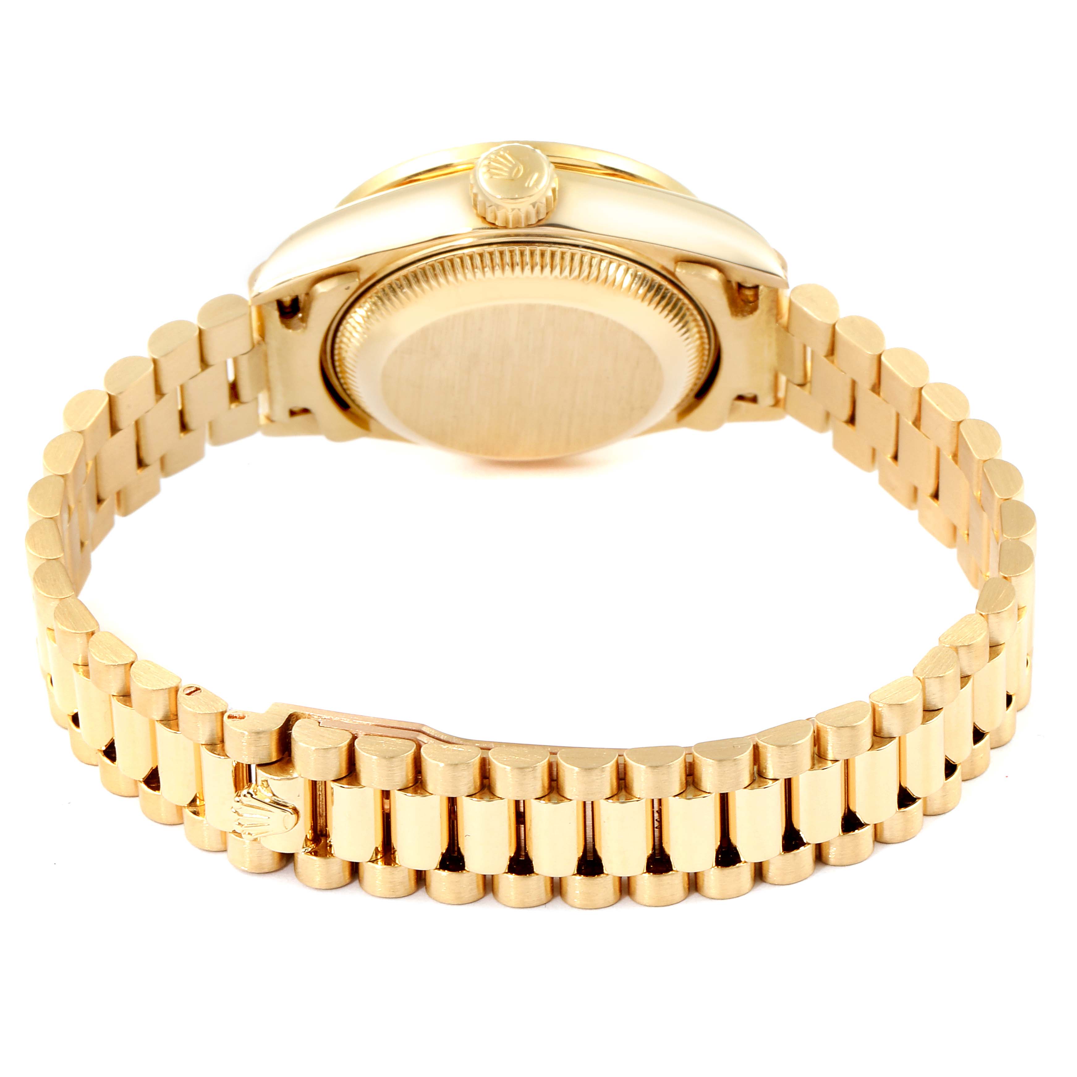 The image shows the back and side view of the Rolex President 69038 Women's Yellow Gold Champagne Dial 69038 Women's Yellow Gold Champagne Dial model watch, highlighting its bracelet and clasp.