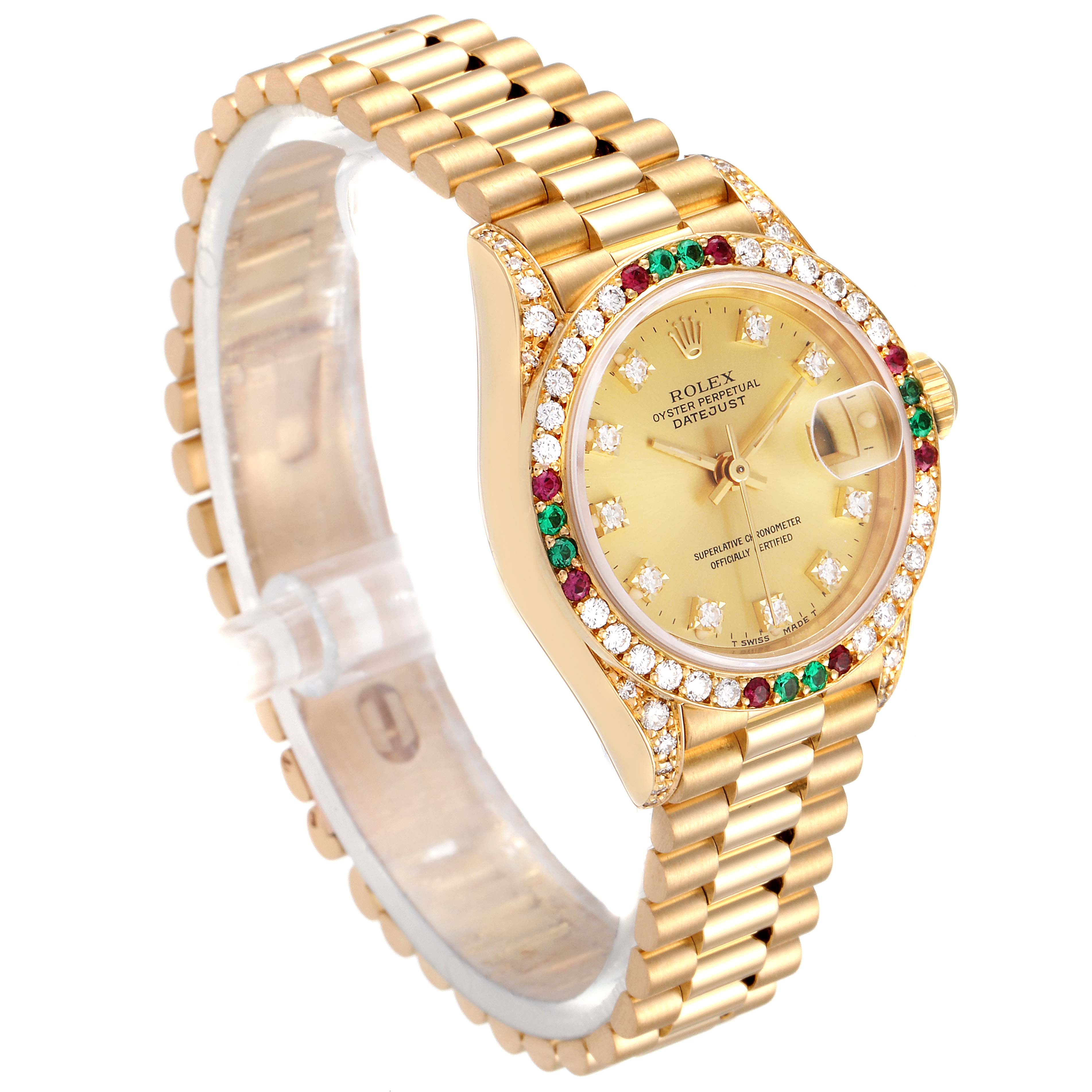 The Rolex President 69038 Women's Yellow Gold Champagne Dial 69038 Women's Yellow Gold Champagne Dial model watch is shown at an angle displaying the face, bezel, and bracelet.
