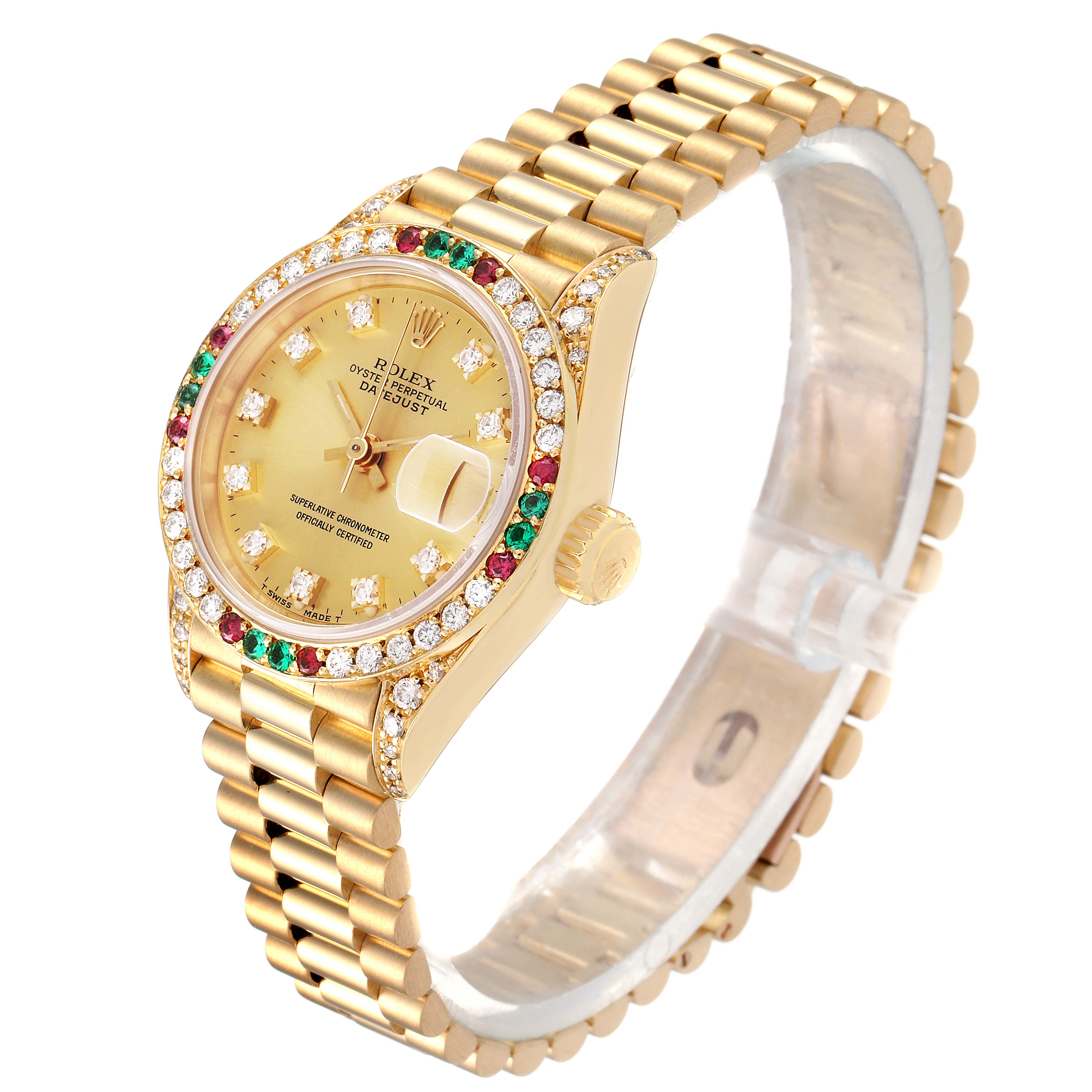 This Rolex President 69038 Women's Yellow Gold Champagne Dial 69038 Women's Yellow Gold Champagne Dial model watch is shown at an angled view featuring its bracelet, crown, bezel, and dial.