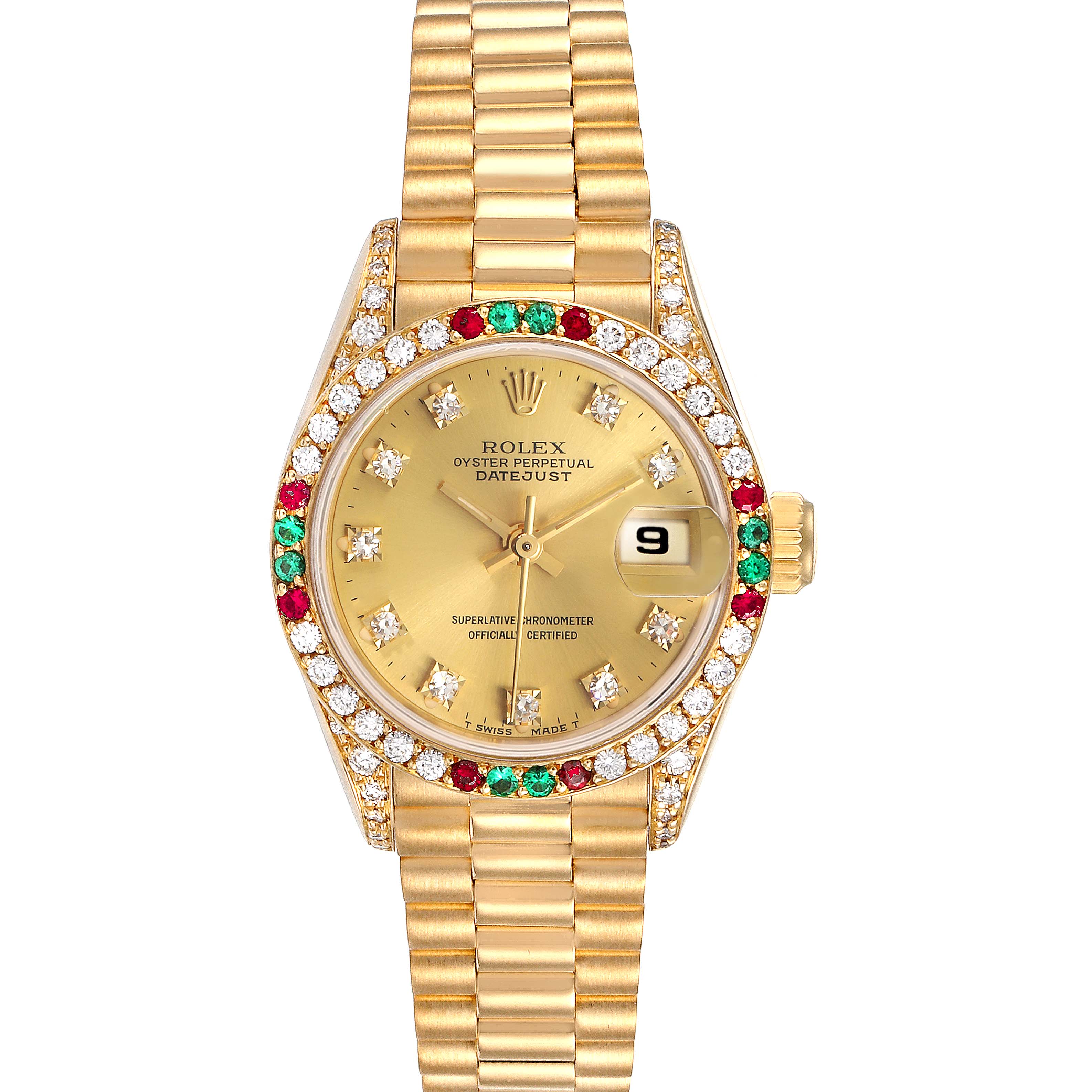 This image shows a Rolex President 69038 Women's Yellow Gold Champagne Dial 69038 Women's Yellow Gold Champagne Dial model watch from a top view, highlighting its dial, bezel, and bracelet.