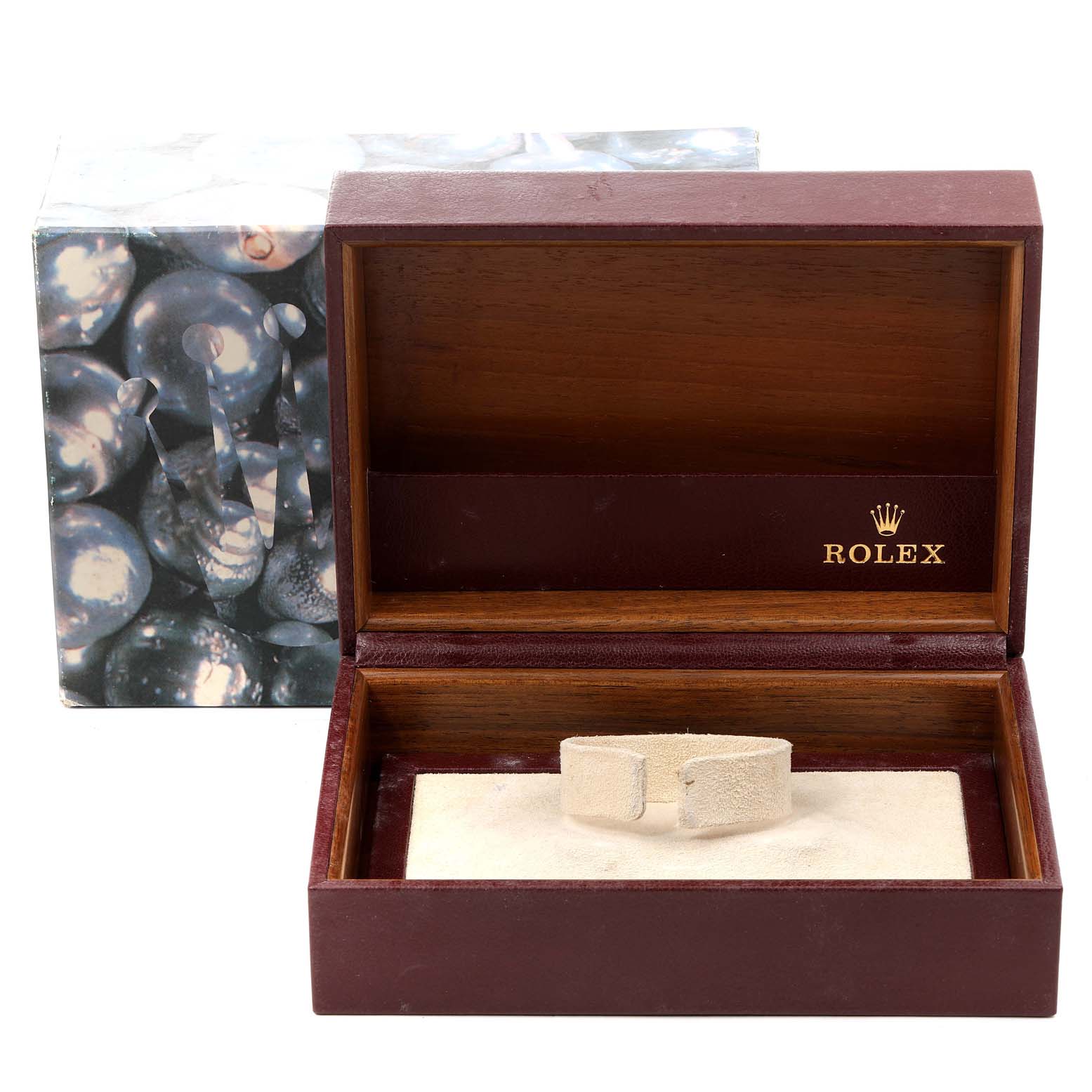 This image shows an empty Rolex President 69038 Women's Yellow Gold Champagne Dial 69038 Women's Yellow Gold Champagne Dial model watch box and packaging from a front angle.