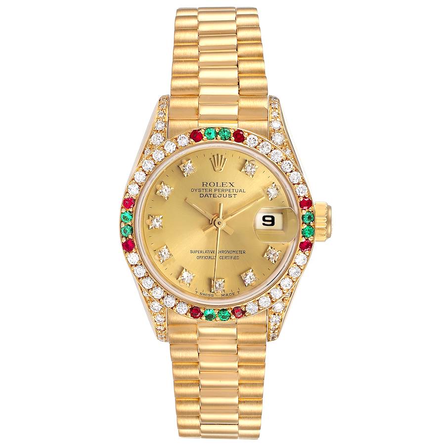 Rolex President Datejust Yellow Gold Diamond Ruby Emerald Watch 69038 SwissWatchExpo