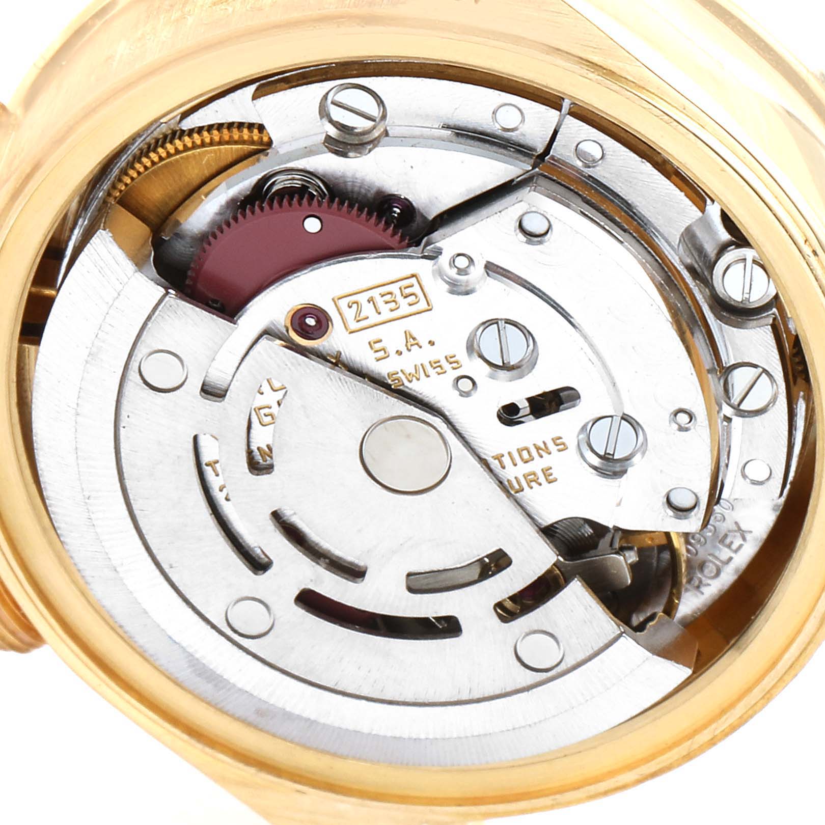 The image shows the internal movement of a Rolex President 69038 Women's Yellow Gold Champagne Dial 69038 Women's Yellow Gold Champagne Dial model watch from a top-down angle.