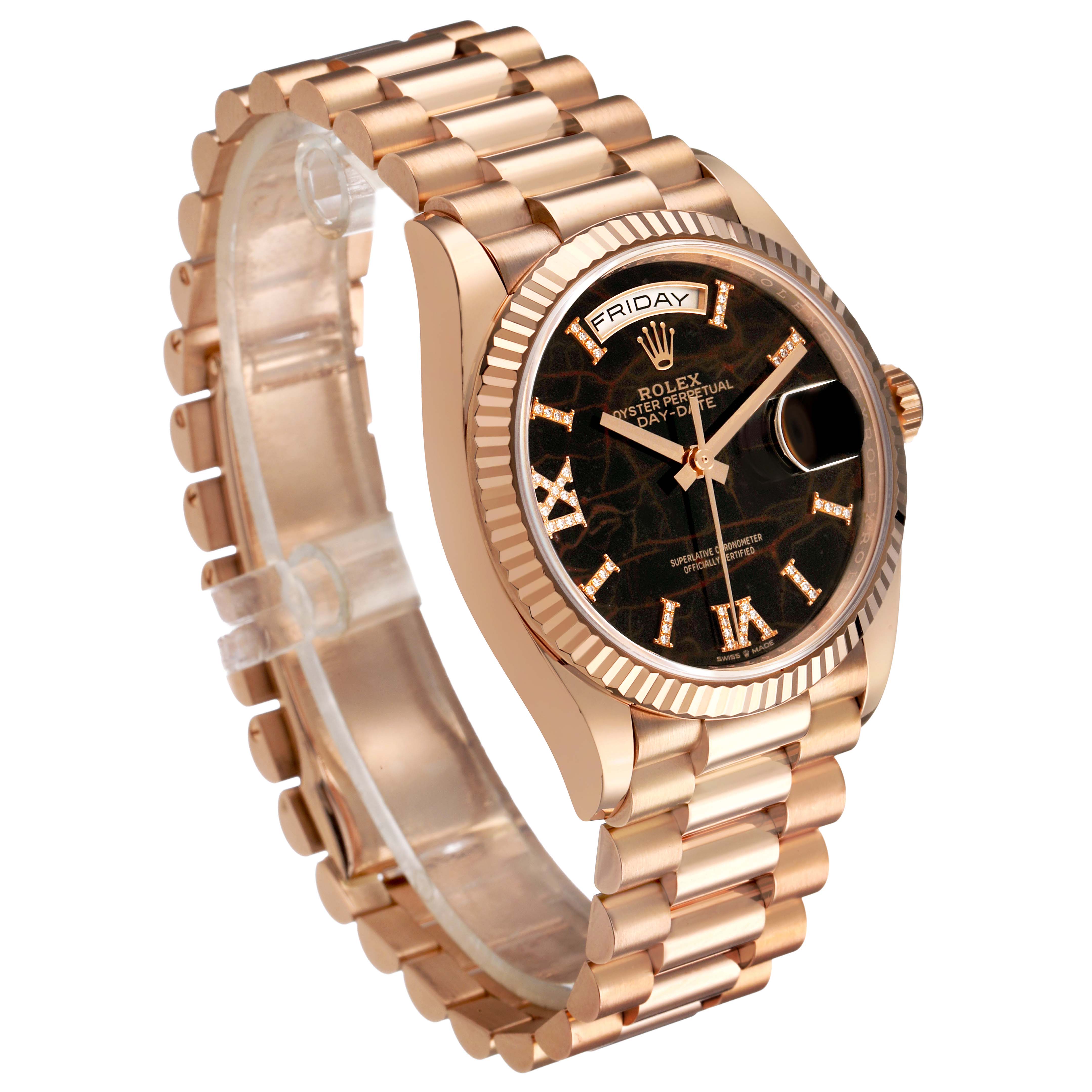 The image shows a Rolex President 128235 Men's Rose Gold Brown Dial model watch at an angled view, displaying its face, bezel, and bracelet.