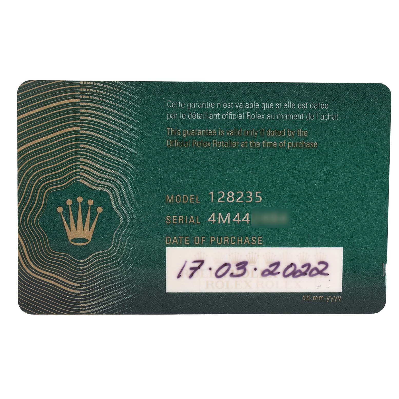 The image shows a green warranty card for a Rolex President 128235 Men's Rose Gold Brown Dial model 128235, detailing the serial number and purchase date.