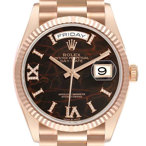 The Rolex President 128235 Men's Rose Gold Brown Dial model watch is shown from the front, displaying its dial, day and date features, bezel, and part of the bracelet.