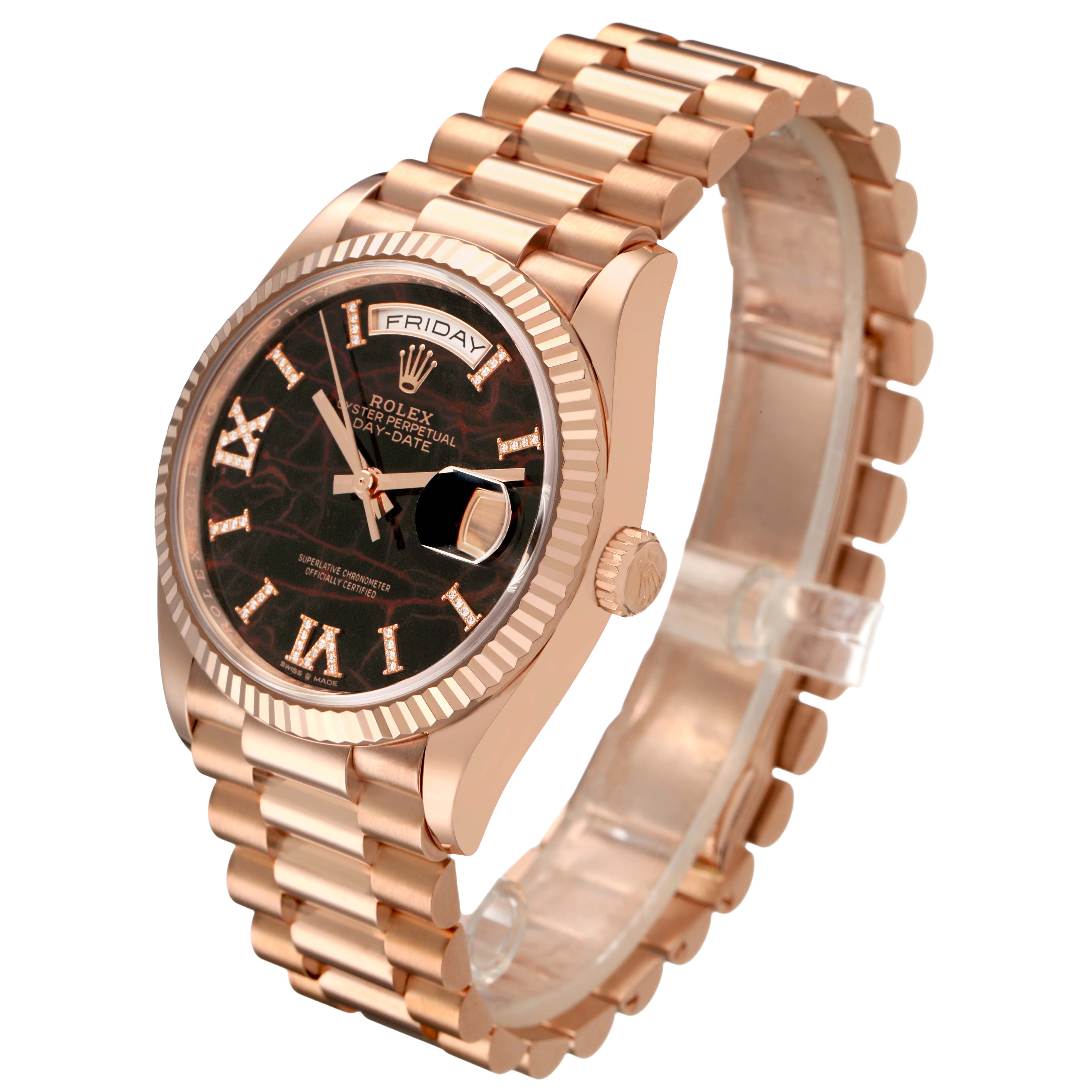 The Rolex President 128235 Men's Rose Gold Brown Dial model watch is shown at an angled view displaying the dial, crown, bracelet, and fluted bezel.