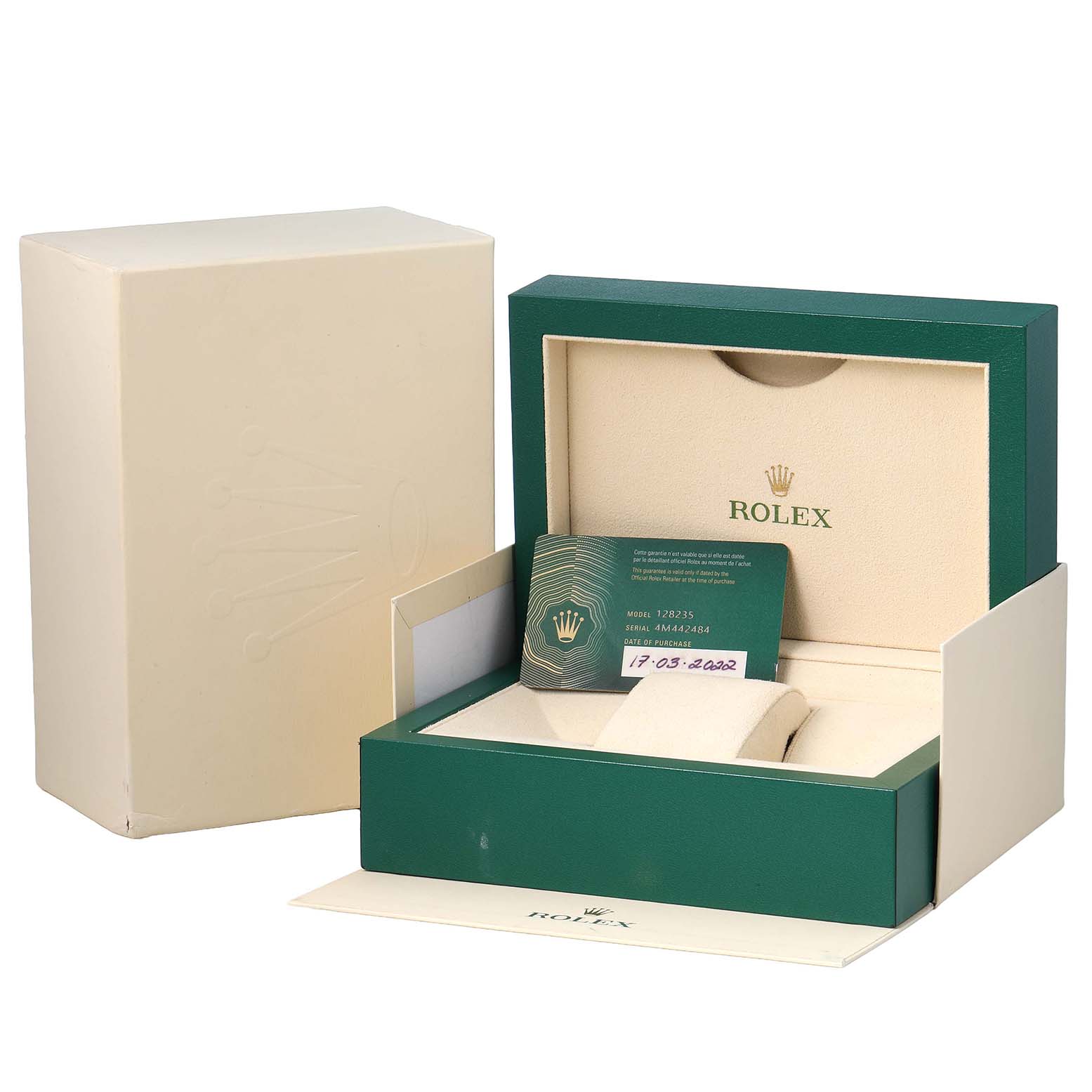 The image shows the packaging of a Rolex President 128235 Men's Rose Gold Brown Dial model with its box and warranty card, viewed from a slight angle.