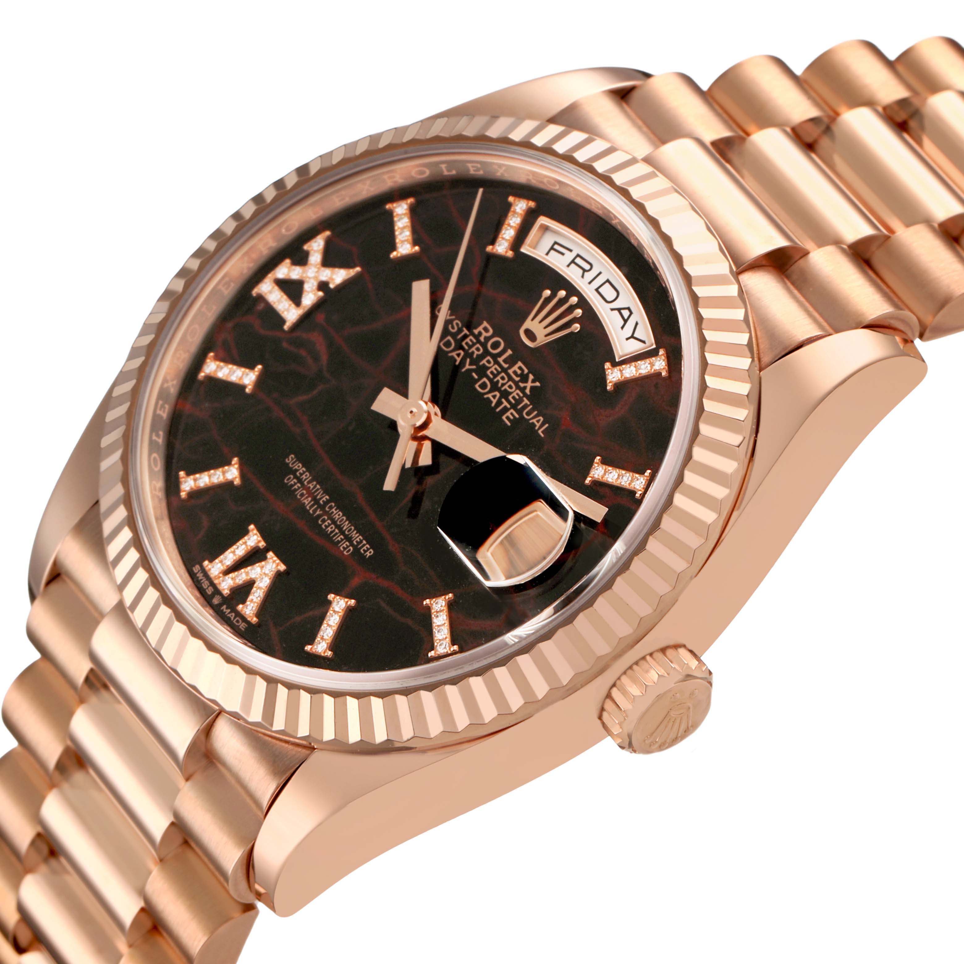 The Rolex President 128235 Men's Rose Gold Brown Dial watch is shown at an angled view, highlighting its Roman numeral dial, fluted bezel, and bracelet.
