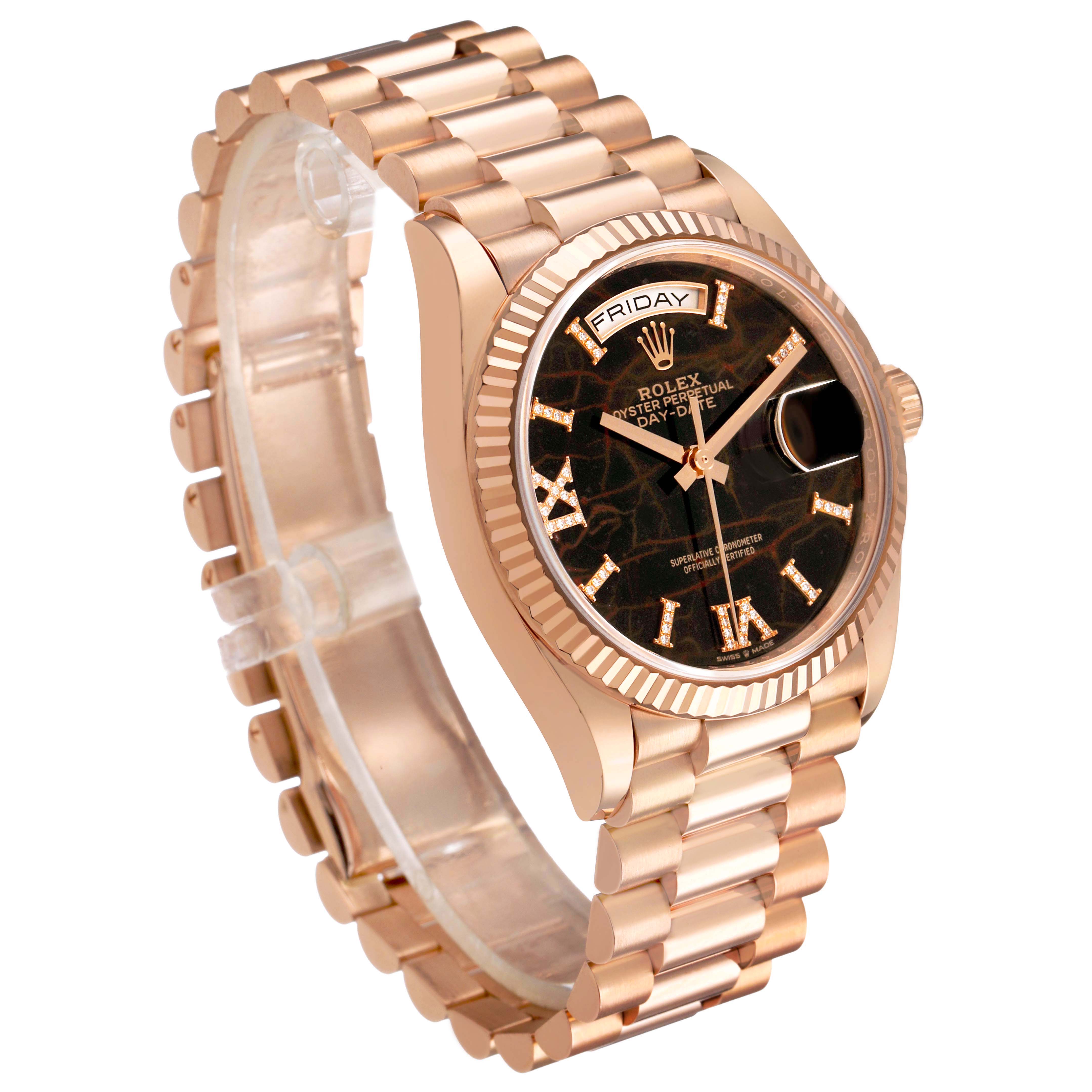 The Rolex President 128235 Men's Rose Gold Brown Dial model is shown at a three-quarter angle, highlighting the face, bezel, bracelet, and crown.