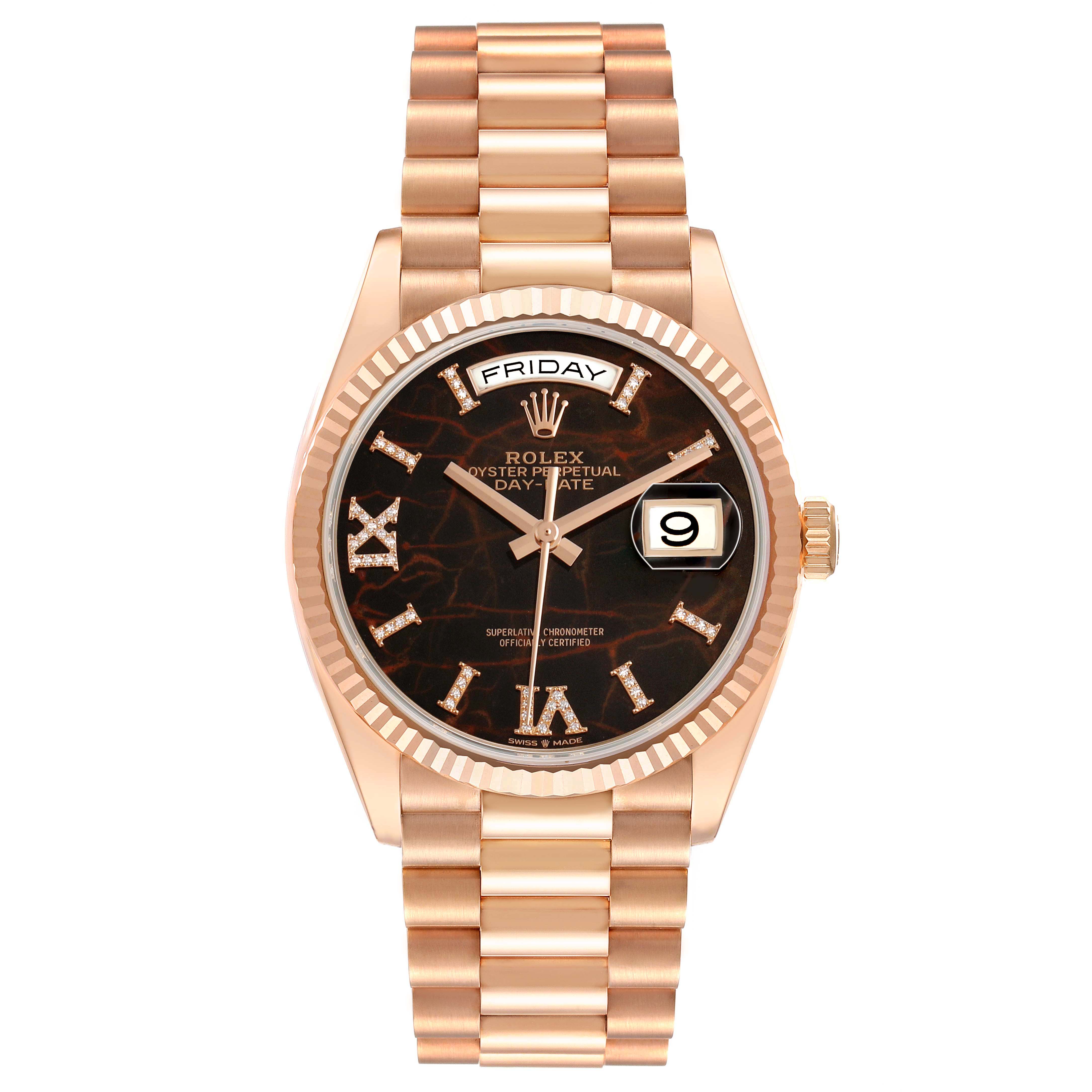 The Rolex President 128235 Men's Rose Gold Brown Dial model is shown from the front, displaying the entire watch face and bracelet.