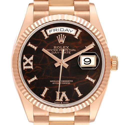 The image shows a frontal view of the Rolex President 128235 Men's Rose Gold Brown Dial model, featuring its dial, hands, date window, and fluted bezel.