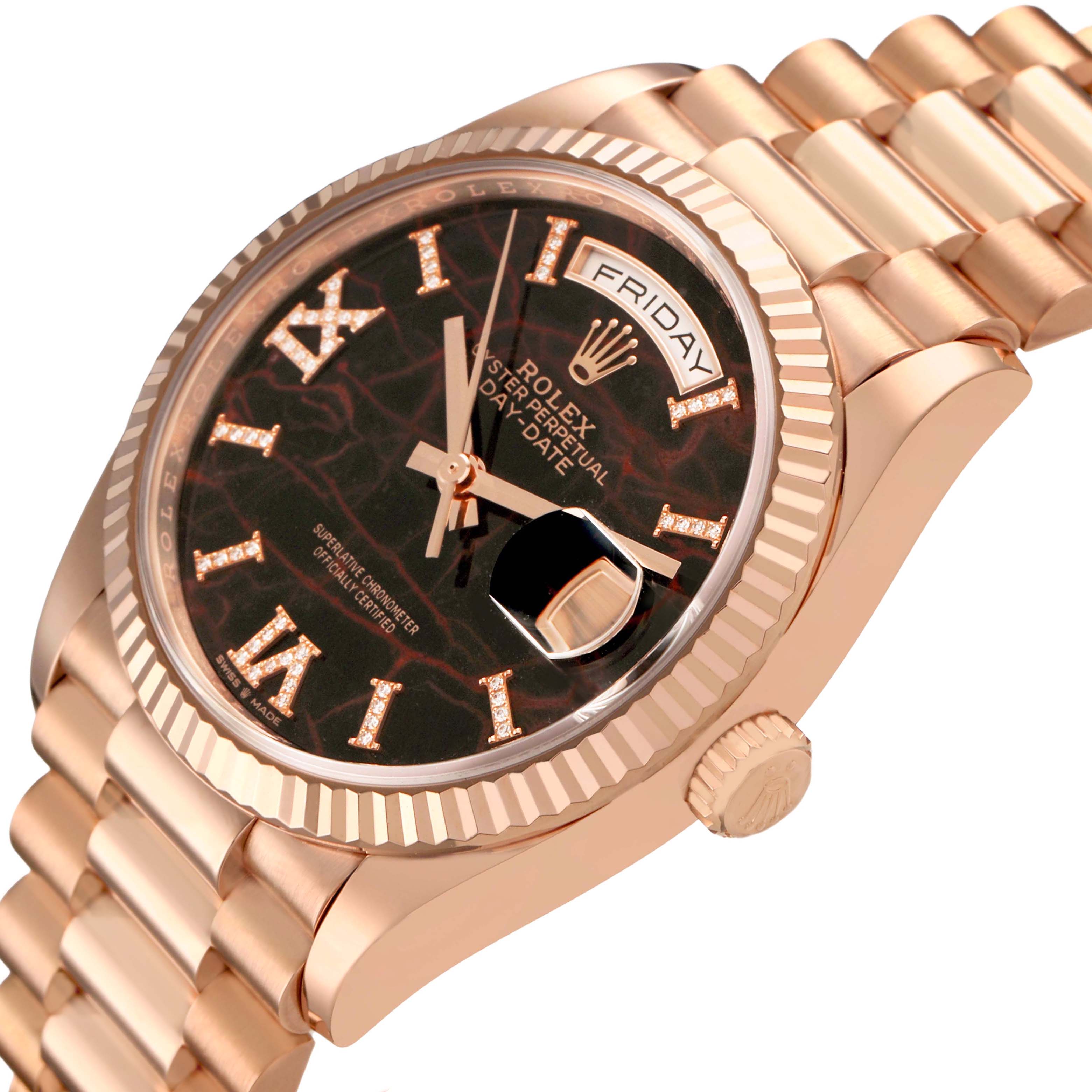This image shows a Rolex President 128235 Men's Rose Gold Brown Dial watch at a three-quarter angle, highlighting the dial, day-date window, and bracelet.