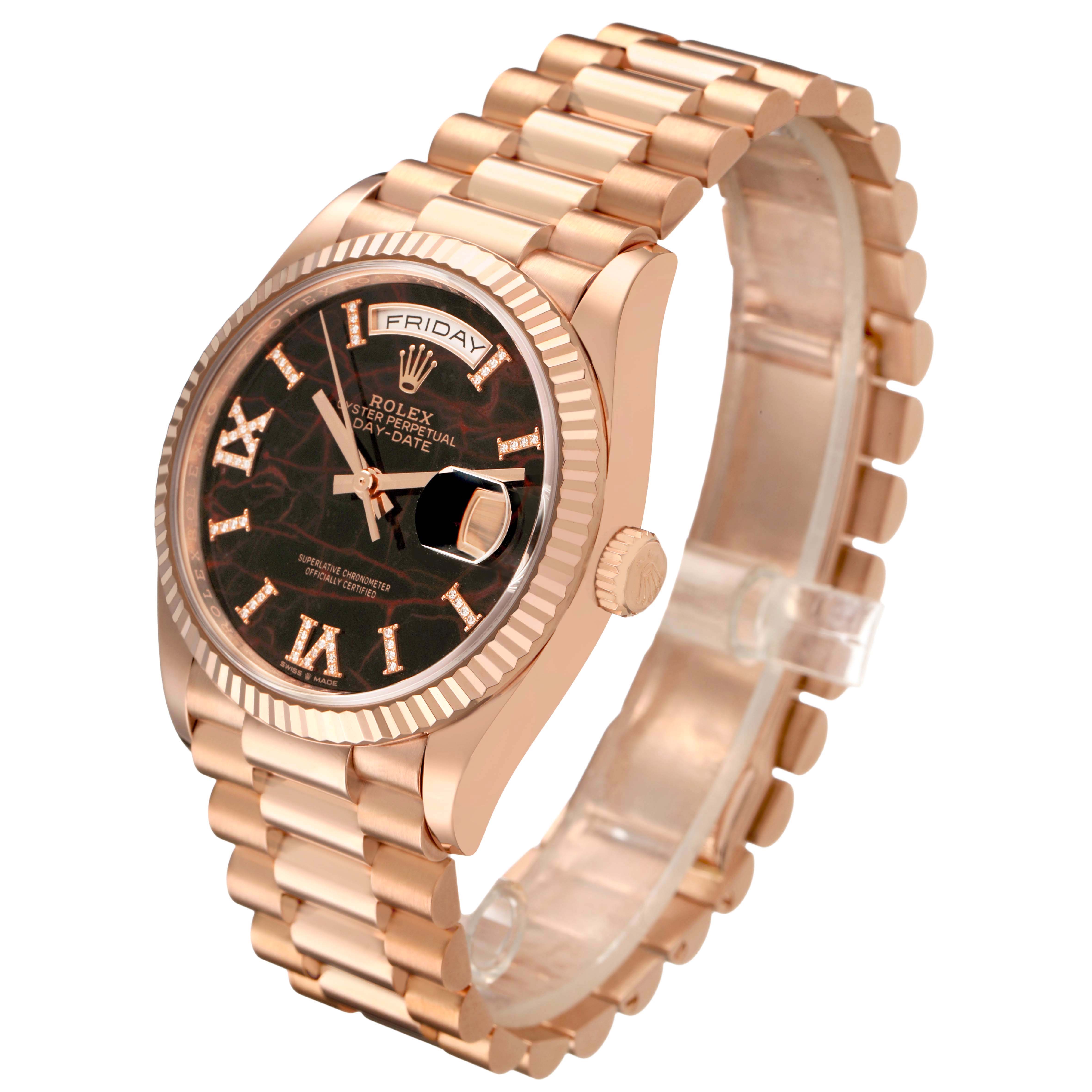 The Rolex President 128235 Men's Rose Gold Brown Dial model watch is shown at a three-quarter angle, highlighting the dial, bezel, bracelet, and crown.