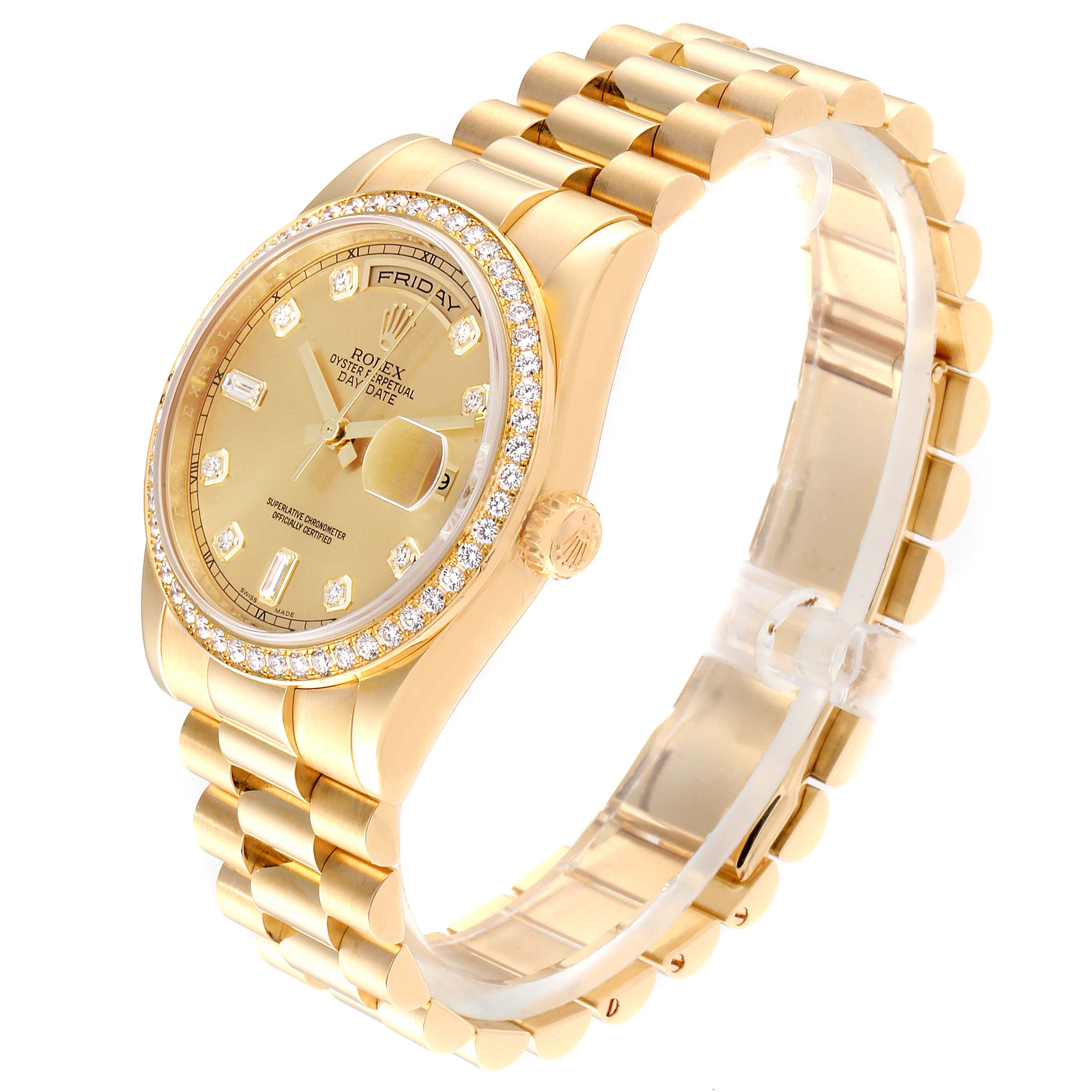 The image shows a Rolex President 118348 Men
s Yellow Gold Mother of Pearl Dial 118348 Men
s Yellow Gold Mother of Pearl Dial model watch at a side angle displaying its gold bracelet, diamond bezel, and dial.