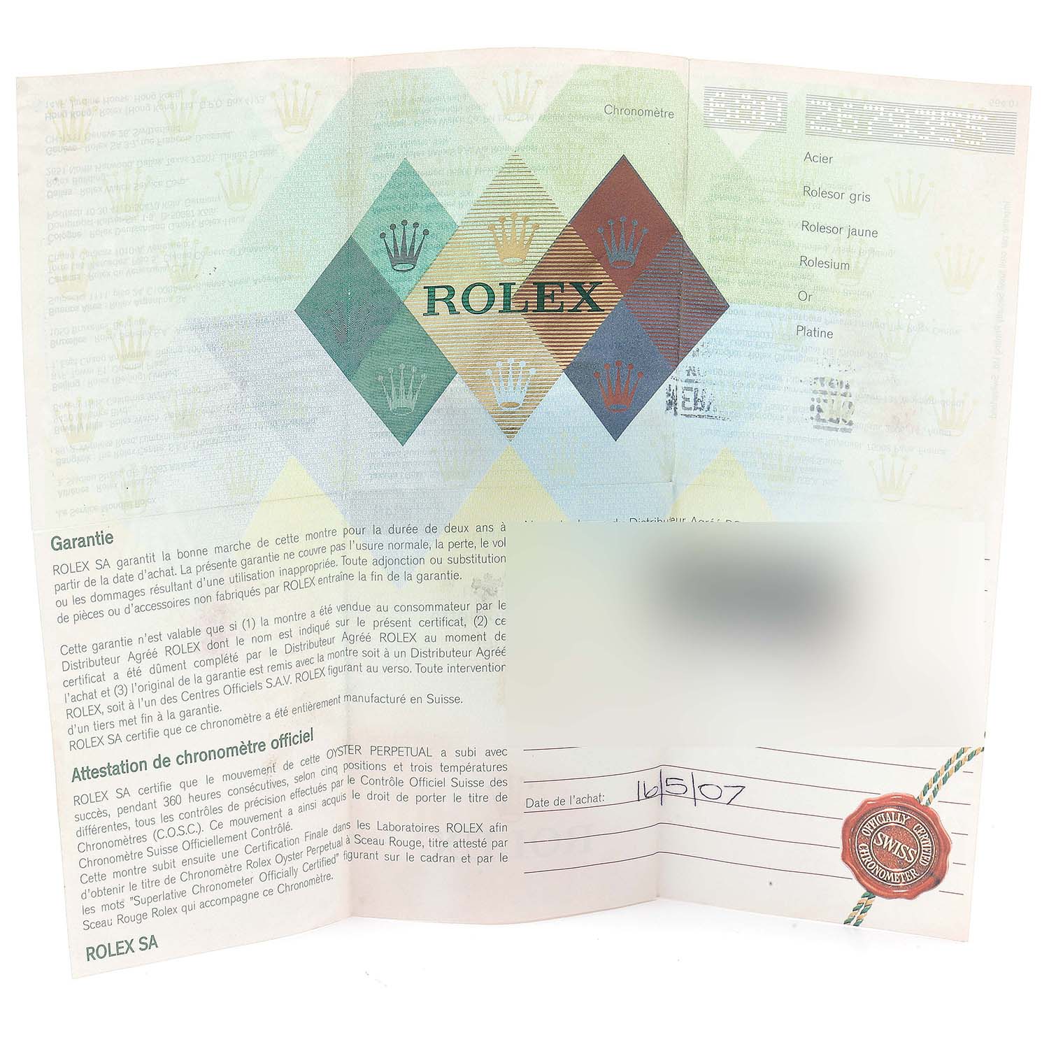 The image shows the warranty certificate for a Rolex President 118348 Men
s Yellow Gold Mother of Pearl Dial 118348 Men
s Yellow Gold Mother of Pearl Dial model watch.