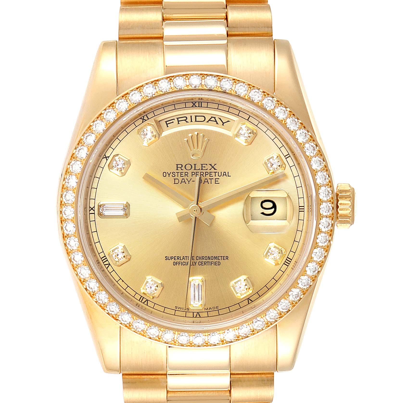 This image shows a front view of a Rolex President 118348 Men
s Yellow Gold Mother of Pearl Dial 118348 Men
s Yellow Gold Mother of Pearl Dial model watch, displaying the dial, bezel, day, and date features.