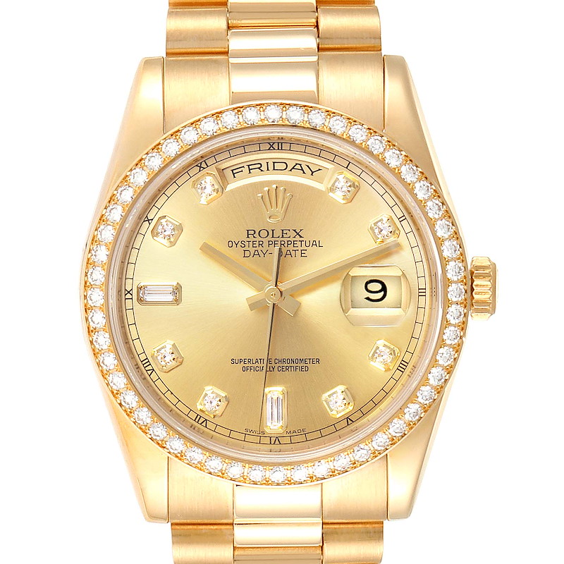 Rolex President Day Date Yellow Gold Diamond Mens Watch 118348 Box Papers  SwissWatchExpo