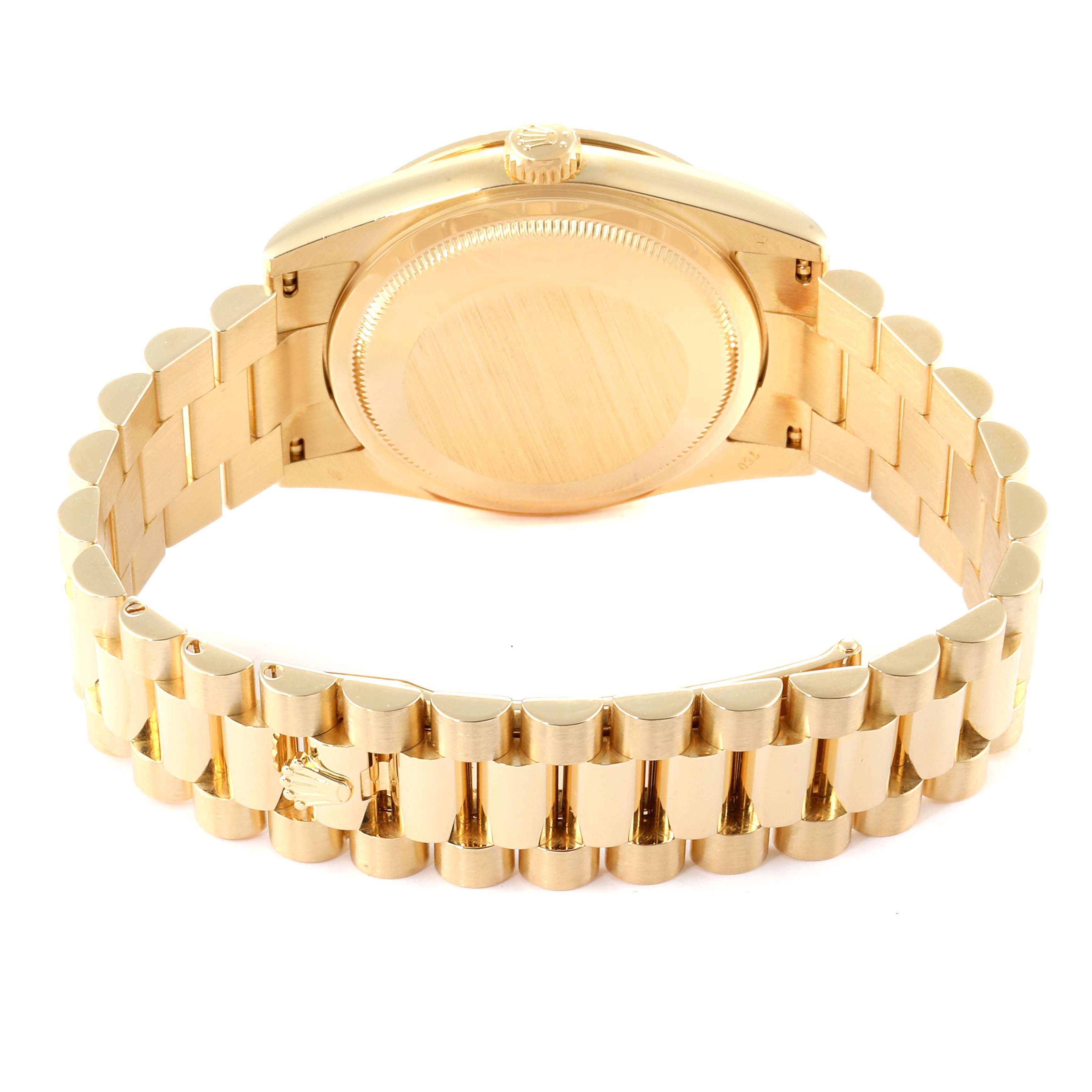 The image shows the back and bracelet of a Rolex President 118348 Men
s Yellow Gold Mother of Pearl Dial 118348 Men
s Yellow Gold Mother of Pearl Dial model watch, viewed from the rear.