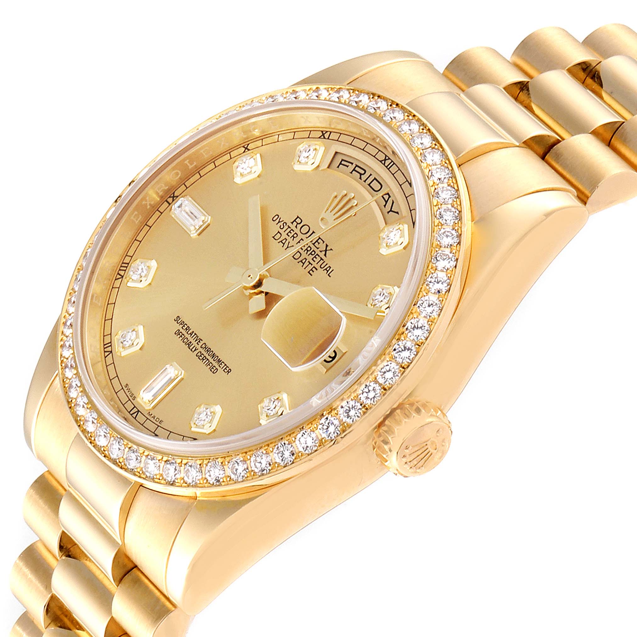 This image shows the Rolex President 118348 Men
s Yellow Gold Mother of Pearl Dial 118348 Men
s Yellow Gold Mother of Pearl Dial watch angled from the right, highlighting the dial, diamond-studded bezel, and bracelet links.