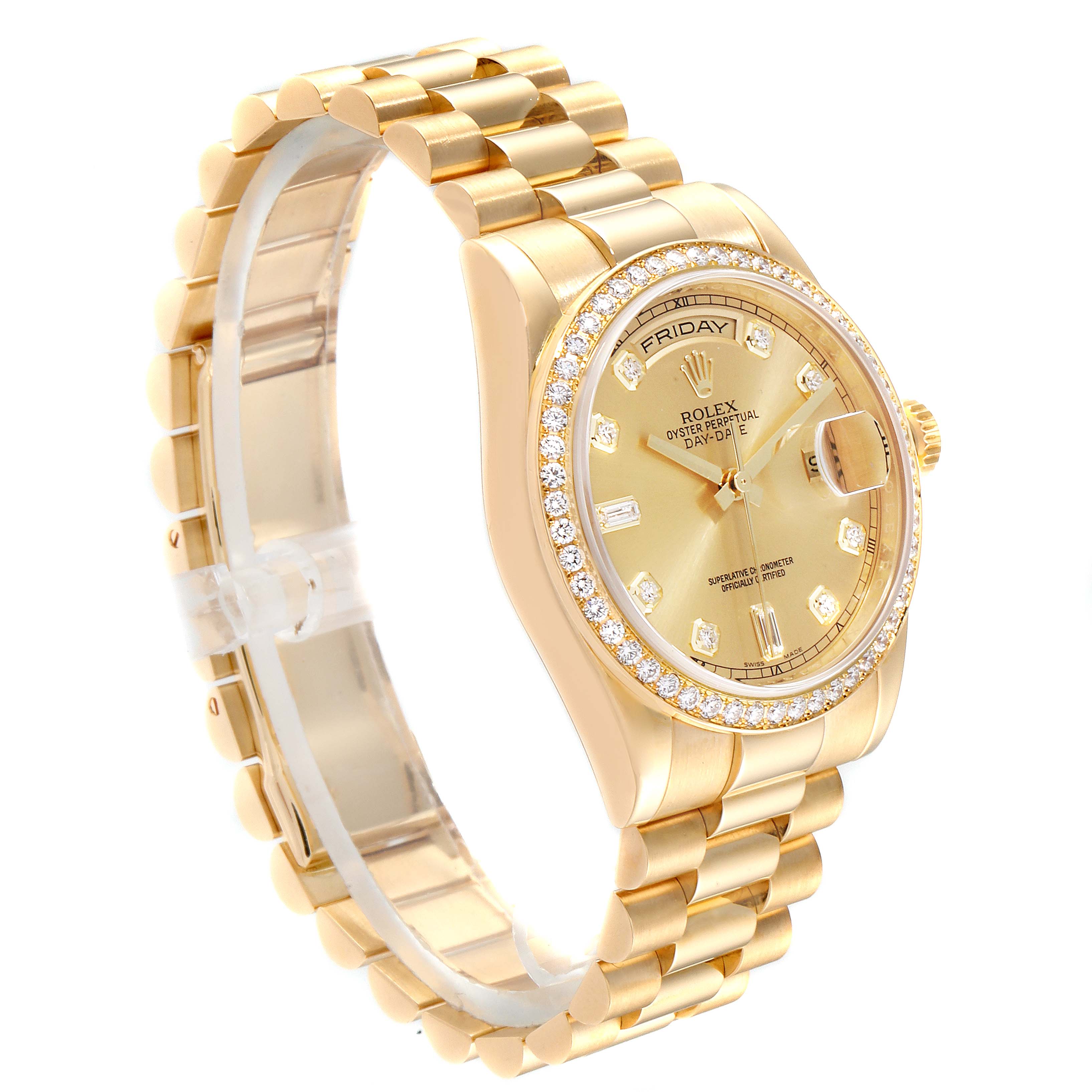 The image shows a side angle of the Rolex President 118348 Men
s Yellow Gold Mother of Pearl Dial 118348 Men
s Yellow Gold Mother of Pearl Dial model watch, highlighting the gold bracelet, diamond bezel, and face with the day and date display.