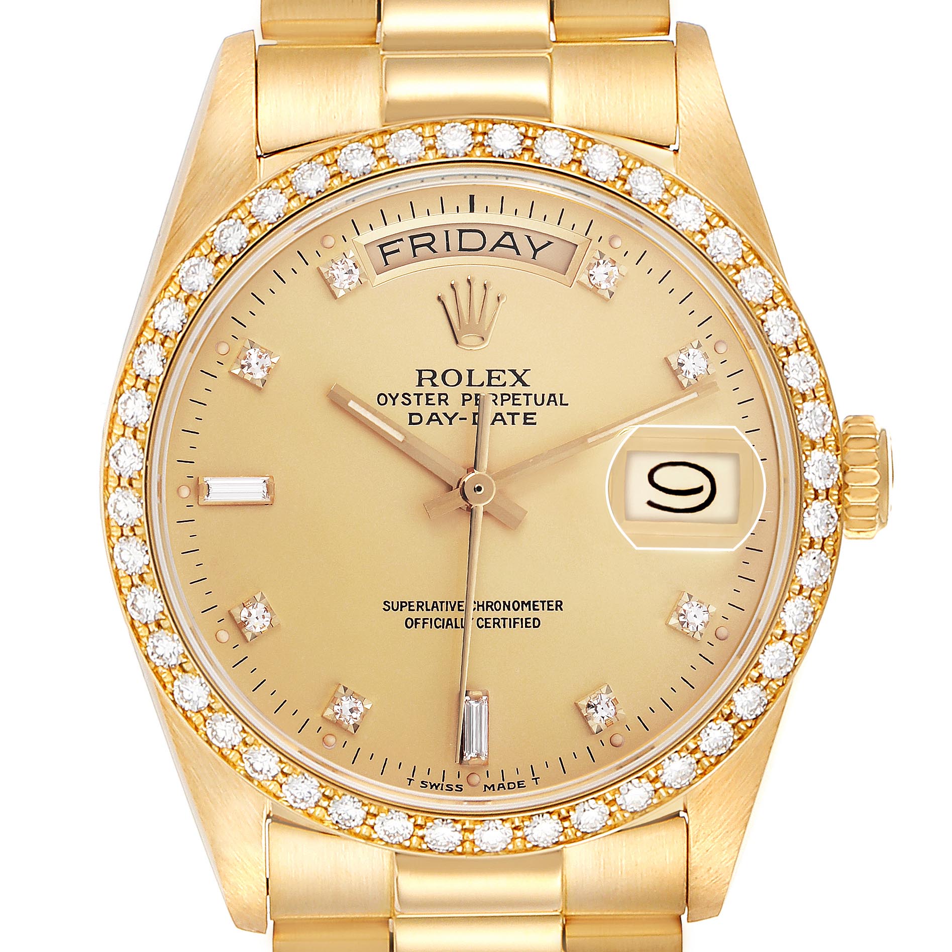 The Rolex President 18048 Men's Yellow Gold Champagne Dial 18048 Men's Yellow Gold Champagne Dial watch is shown from a top-down angle, highlighting its diamond bezel and gold dial with date and day display.