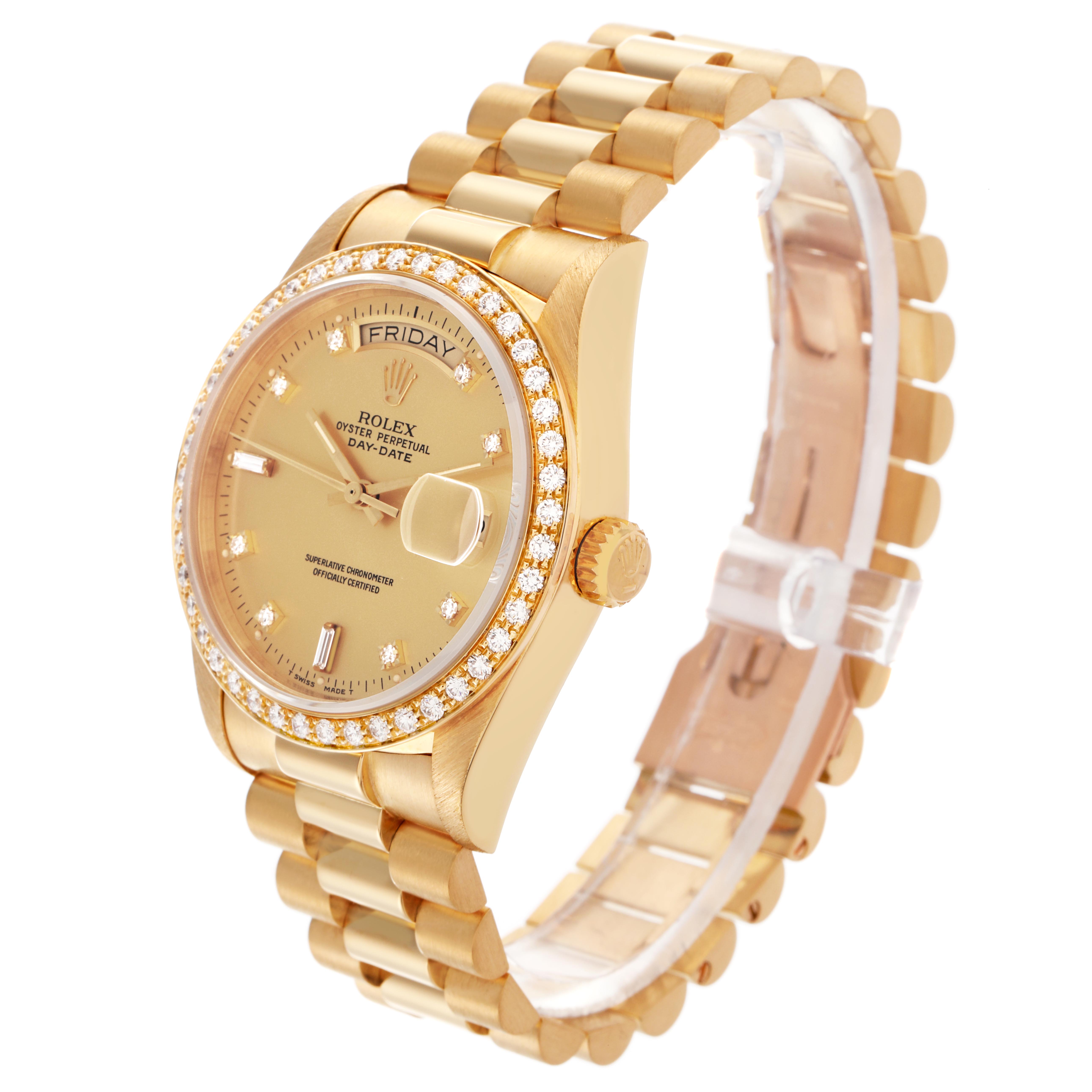 The Rolex President 18048 Men's Yellow Gold Champagne Dial 18048 Men's Yellow Gold Champagne Dial watch is shown at a three-quarter angle, highlighting the dial, bezel, and bracelet.