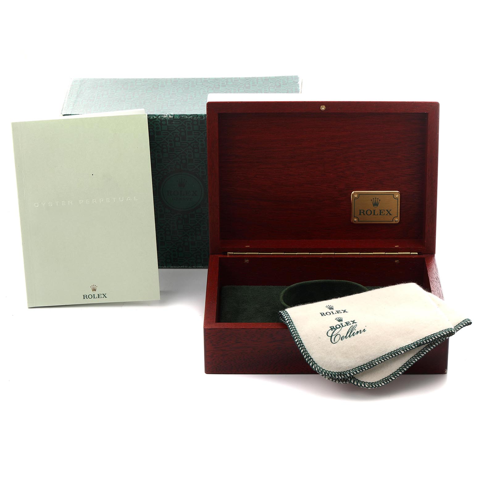 The image shows an open Rolex President 18048 Men's Yellow Gold Champagne Dial 18048 Men's Yellow Gold Champagne Dial model box with the outer box, booklet, and cleaning cloth visible.