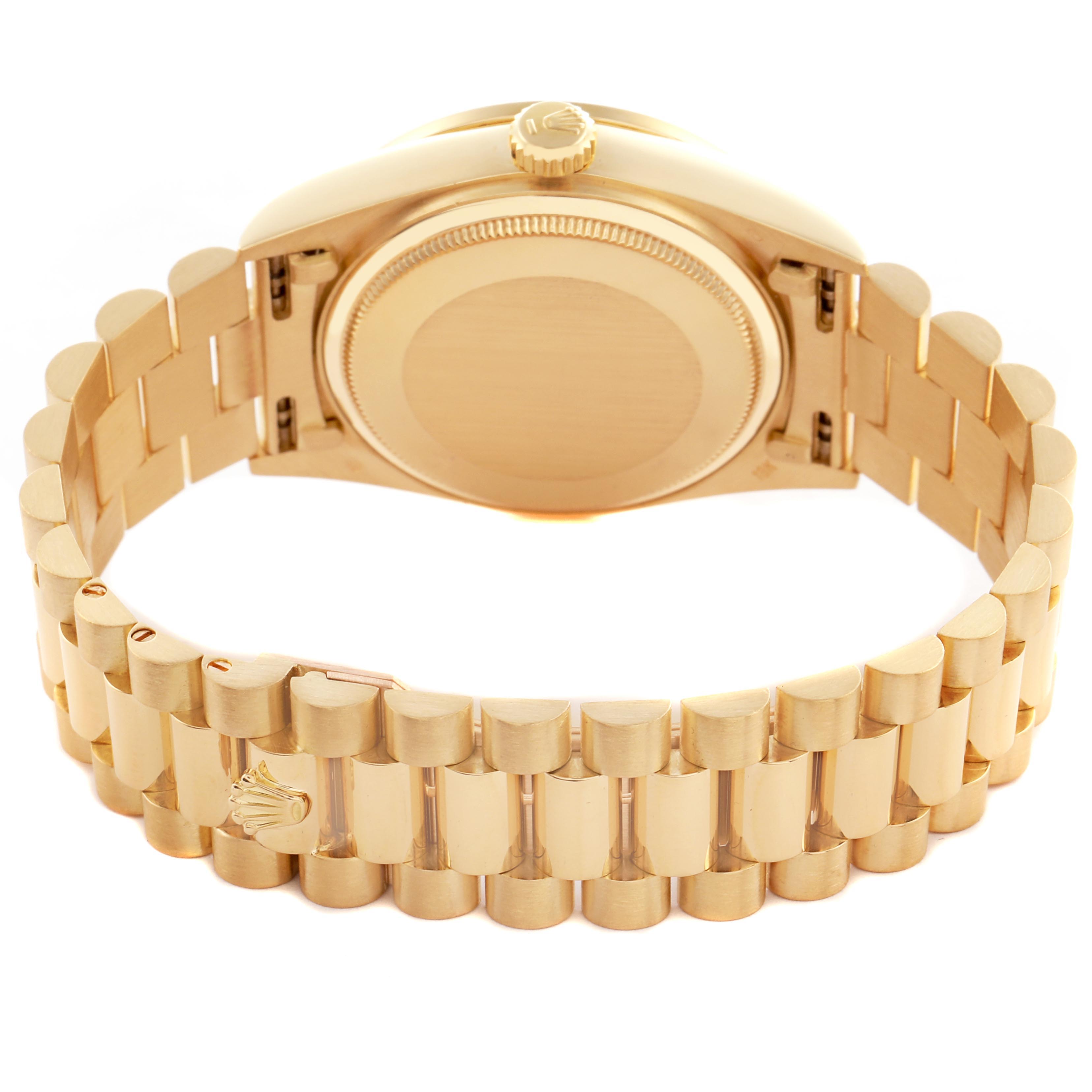 The Rolex President 18048 Men's Yellow Gold Champagne Dial 18048 Men's Yellow Gold Champagne Dial model is shown from the back at an angle, highlighting the case, crown, and bracelet.