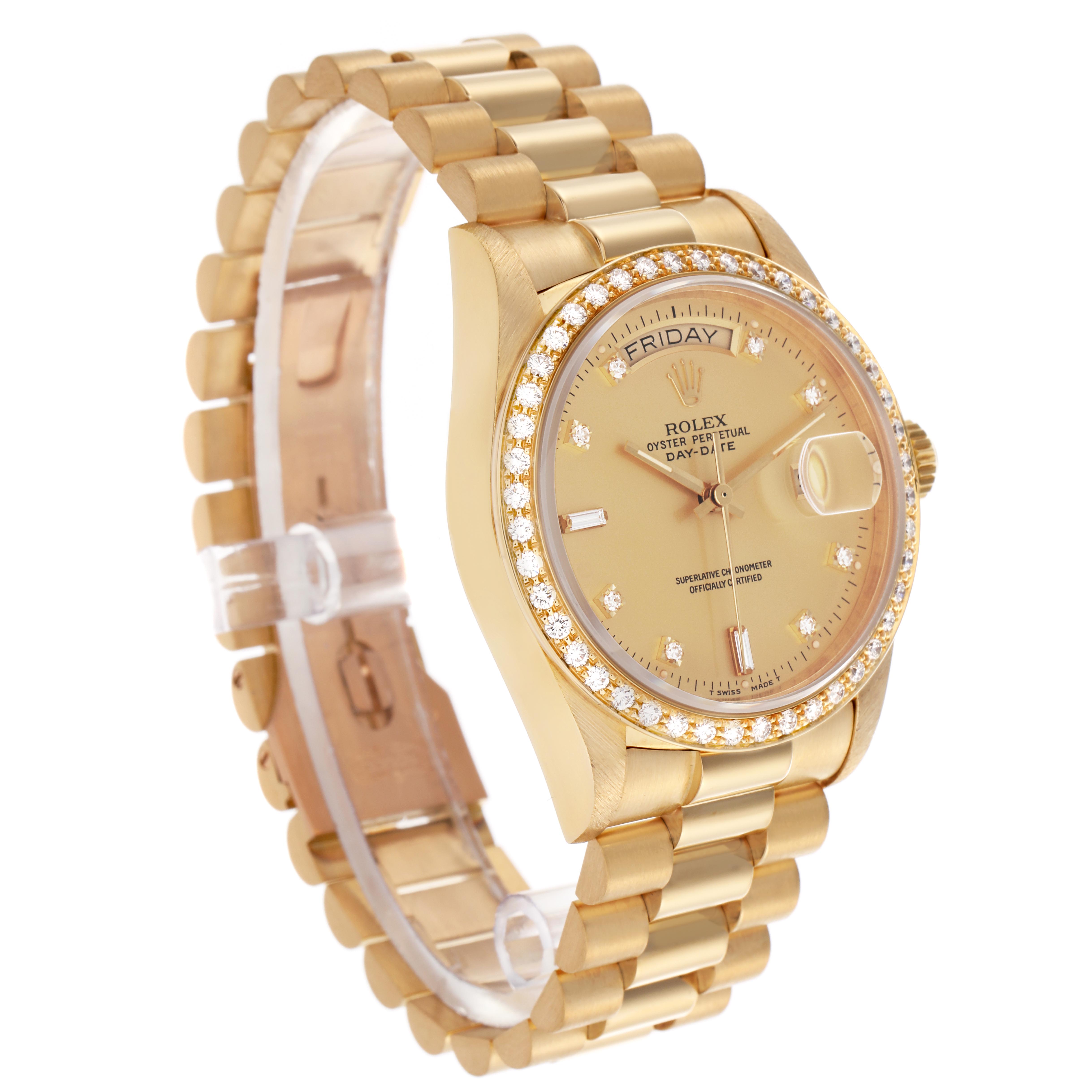 The Rolex President 18048 Men's Yellow Gold Champagne Dial 18048 Men's Yellow Gold Champagne Dial model is shown at an angle highlighting the face, bezel, bracelet, and crown.