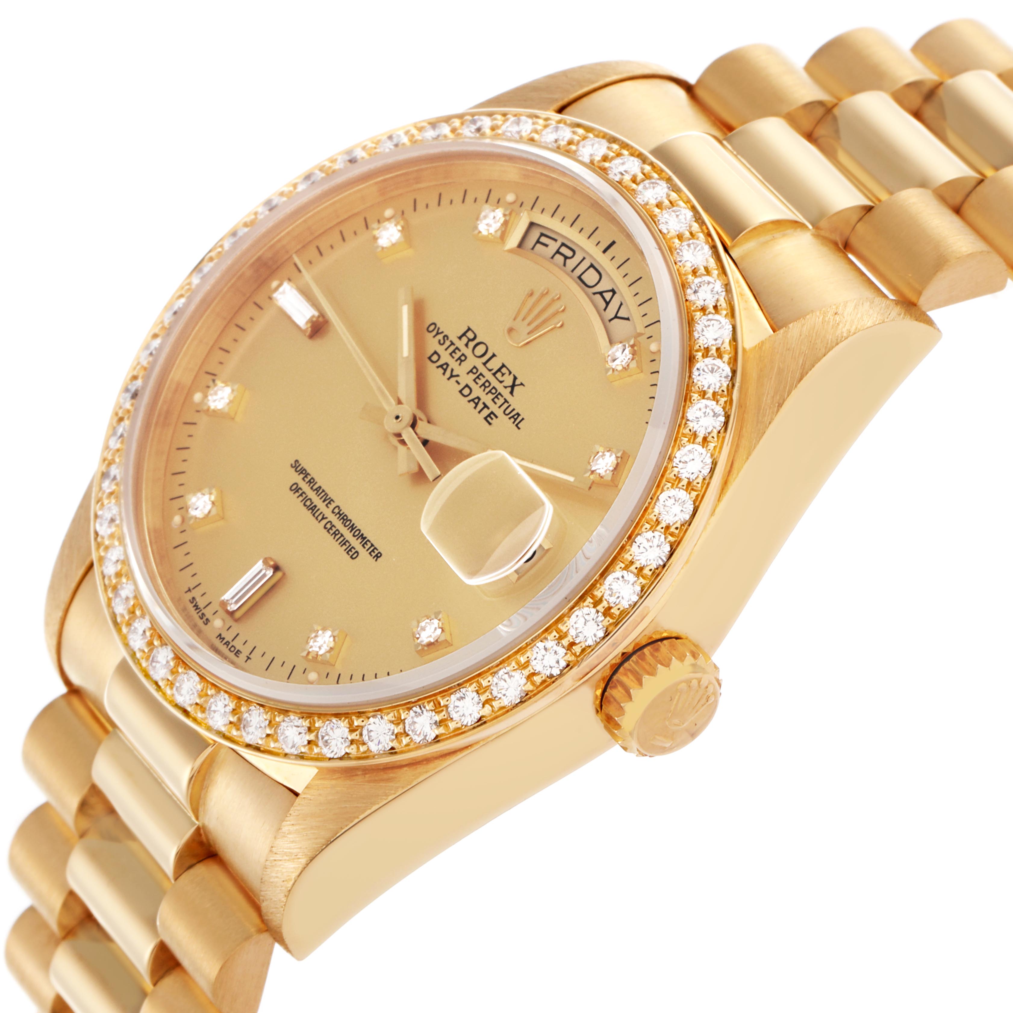 The Rolex President 18048 Men's Yellow Gold Champagne Dial 18048 Men's Yellow Gold Champagne Dial watch is shown at an angled view, highlighting the diamond bezel, gold dial, crown, and bracelet links.